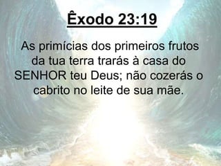 Êxodo 23:19
As primícias dos primeiros frutos
da tua terra trarás à casa do
SENHOR teu Deus; não cozerás o
cabrito no leite de sua mãe.
 
