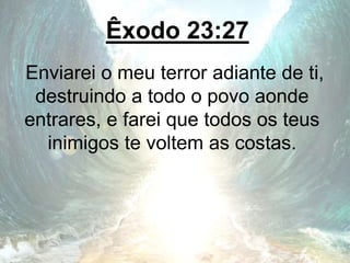 Êxodo 23:27
Enviarei o meu terror adiante de ti,
destruindo a todo o povo aonde
entrares, e farei que todos os teus
inimigos te voltem as costas.
 