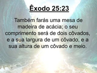 Êxodo 25:23
Também farás uma mesa de
madeira de acácia; o seu
comprimento será de dois côvados,
e a sua largura de um côvado, e a
sua altura de um côvado e meio.
 