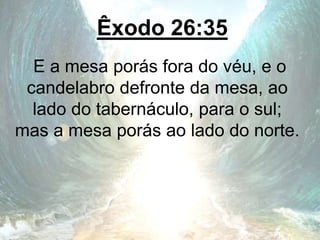 Êxodo 26:35
E a mesa porás fora do véu, e o
candelabro defronte da mesa, ao
lado do tabernáculo, para o sul;
mas a mesa porás ao lado do norte.
 