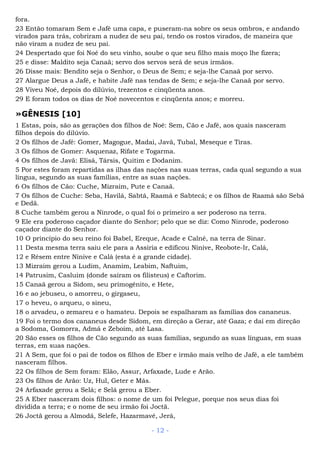 fora.
23 Então tomaram Sem e Jafé uma capa, e puseram-na sobre os seus ombros, e andando
virados para trás, cobriram a nudez de seu pai, tendo os rostos virados, de maneira que
não viram a nudez de seu pai.
24 Despertado que foi Noé do seu vinho, soube o que seu filho mais moço lhe fizera;
25 e disse: Maldito seja Canaã; servo dos servos será de seus irmãos.
26 Disse mais: Bendito seja o Senhor, o Deus de Sem; e seja-lhe Canaã por servo.
27 Alargue Deus a Jafé, e habite Jafé nas tendas de Sem; e seja-lhe Canaã por servo.
28 Viveu Noé, depois do dilúvio, trezentos e cinqüenta anos.
29 E foram todos os dias de Noé novecentos e cinqüenta anos; e morreu.
»GÊNESIS [10]
1 Estas, pois, são as gerações dos filhos de Noé: Sem, Cão e Jafé, aos quais nasceram
filhos depois do dilúvio.
2 Os filhos de Jafé: Gomer, Magogue, Madai, Javã, Tubal, Meseque e Tiras.
3 Os filhos de Gomer: Asquenaz, Rifate e Togarma.
4 Os filhos de Javã: Elisá, Társis, Quitim e Dodanim.
5 Por estes foram repartidas as ilhas das nações nas suas terras, cada qual segundo a sua
língua, segundo as suas famílias, entre as suas nações.
6 Os filhos de Cão: Cuche, Mizraim, Pute e Canaã.
7 Os filhos de Cuche: Seba, Havilá, Sabtá, Raamá e Sabtecá; e os filhos de Raamá são Sebá
e Dedã.
8 Cuche também gerou a Ninrode, o qual foi o primeiro a ser poderoso na terra.
9 Ele era poderoso caçador diante do Senhor; pelo que se diz: Como Ninrode, poderoso
caçador diante do Senhor.
10 O princípio do seu reino foi Babel, Ereque, Acade e Calné, na terra de Sinar.
11 Desta mesma terra saiu ele para a Assíria e edificou Nínive, Reobote-Ir, Calá,
12 e Résem entre Nínive e Calá (esta é a grande cidade).
13 Mizraim gerou a Ludim, Anamim, Leabim, Naftuim,
14 Patrusim, Casluim (donde saíram os filisteus) e Caftorim.
15 Canaã gerou a Sidom, seu primogênito, e Hete,
16 e ao jebuseu, o amorreu, o girgaseu,
17 o heveu, o arqueu, o sineu,
18 o arvadeu, o zemareu e o hamateu. Depois se espalharam as famílias dos cananeus.
19 Foi o termo dos cananeus desde Sidom, em direção a Gerar, até Gaza; e daí em direção
a Sodoma, Gomorra, Admá e Zeboim, até Lasa.
20 São esses os filhos de Cão segundo as suas famílias, segundo as suas línguas, em suas
terras, em suas nações.
21 A Sem, que foi o pai de todos os filhos de Eber e irmão mais velho de Jafé, a ele também
nasceram filhos.
22 Os filhos de Sem foram: Elão, Assur, Arfaxade, Lude e Arão.
23 Os filhos de Arão: Uz, Hul, Geter e Más.
24 Arfaxade gerou a Selá; e Selá gerou a Eber.
25 A Eber nasceram dois filhos: o nome de um foi Pelegue, porque nos seus dias foi
dividida a terra; e o nome de seu irmão foi Joctã.
26 Joctã gerou a Almodá, Selefe, Hazarmavé, Jerá,
- 12 -
 