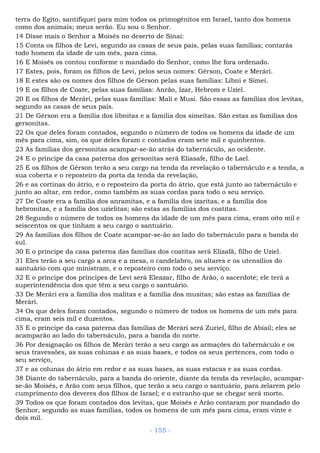 terra do Egito, santifiquei para mim todos os primogênitos em Israel, tanto dos homens
como dos animais; meus serão. Eu sou o Senhor.
14 Disse mais o Senhor a Moisés no deserto de Sinai:
15 Conta os filhos de Levi, segundo as casas de seus pais, pelas suas famílias; contarás
todo homem da idade de um mês, para cima.
16 E Moisés os contou conforme o mandado do Senhor, como lhe fora ordenado.
17 Estes, pois, foram os filhos de Levi, pelos seus nomes: Gérson, Coate e Merári.
18 E estes são os nomes dos filhos de Gérson pelas suas famílias: Líbni e Simei.
19 E os filhos de Coate, pelas suas famílias: Anrão, Izar, Hebrom e Uziel.
20 E os filhos de Merári, pelas suas famílias: Mali e Musi. São essas as famílias dos levitas,
segundo as casas de seus pais.
21 De Gérson era a família dos libnitas e a família dos simeítas. São estas as famílias dos
gersonitas.
22 Os que deles foram contados, segundo o número de todos os homens da idade de um
mês para cima, sim, os que deles foram c contados eram sete mil e quinhentos.
23 As famílias dos gersonitas acampar-se-ão atrás do tabernáculo, ao ocidente.
24 E o príncipe da casa paterna dos gersonitas será Eliasafe, filho de Lael.
25 E os filhos de Gérson terão a seu cargo na tenda da revelação o tabernáculo e a tenda, a
sua coberta e o reposteiro da porta da tenda da revelação,
26 e as cortinas do átrio, e o reposteiro da porta do átrio, que está junto ao tabernáculo e
junto ao altar, em redor, como também as suas cordas para todo o seu serviço.
27 De Coate era a família dos anramitas, e a família dos izaritas, e a família dos
hebronitas, e a família dos uzielitas; são estas as famílias dos coatitas.
28 Segundo o número de todos os homens da idade de um mês para cima, eram oito mil e
seiscentos os que tinham a seu cargo o santuário.
29 As famílias dos filhos de Coate acampar-se-ão ao lado do tabernáculo para a banda do
sul.
30 E o príncipe da casa paterna das famílias dos coatitas será Elizafã, filho de Uziel.
31 Eles terão a seu cargo a arca e a mesa, o candelabro, os altares e os utensílios do
santuário com que ministram, e o reposteiro com todo o seu serviço.
32 E o príncipe dos príncipes de Levi será Eleazar, filho de Arão, o sacerdote; ele terá a
superintendência dos que têm a seu cargo o santuário.
33 De Merári era a família dos malitas e a família dos musitas; são estas as famílias de
Merári.
34 Os que deles foram contados, segundo o número de todos os homens de um mês para
cima, eram seis mil e duzentos.
35 E o príncipe da casa paterna das famílias de Merári será Zuriel, filho de Abiail; eles se
acamparão ao lado do tabernáculo, para a banda do norte.
36 Por designação os filhos de Merári terão a seu cargo as armações do tabernáculo e os
seus travessões, as suas colunas e as suas bases, e todos os seus pertences, com todo o
seu serviço,
37 e as colunas do átrio em redor e as suas bases, as suas estacas e as suas cordas.
38 Diante do tabernáculo, para a banda do oriente, diante da tenda da revelação, acampar-
se-ão Moisés, e Arão com seus filhos, que terão a seu cargo o santuário, para zelarem pelo
cumprimento dos deveres dos filhos de Israel; e o estranho que se chegar será morto.
39 Todos os que foram contados dos levitas, que Moisés e Arão contaram por mandado do
Senhor, segundo as suas famílias, todos os homens de um mês para cima, eram vinte e
dois mil.
- 155 -
 