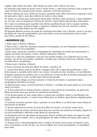 ungido: doze salvas de prata, doze bacias de prata, doze colheres de ouro,
85 pesando cada salva de prata cento e trinta siclos, e cada bacia setenta; toda a prata dos
vasos foi dois mil e quatrocentos siclos, segundo o siclo do santuário;
86 doze colheres de ouro cheias de incenso, pesando cada colher dez siclos, segundo o siclo
do santuário; todo o ouro das colheres foi cento e vinte siclos.
87 Todos os animais para holocausto foram doze novilhos, doze carneiros, e doze cordeiros
de um ano, com as respectivas ofertas de cereais; e para oferta pelo pecado, doze bodes;
88 e todos os animais para sacrifício das ofertas pacíficas foram vinte e quatro novilhos,
sessenta carneiros, sessenta bodes, e sessenta cordeiros de um ano. Esta foi a oferta
dedicatória do altar depois que foi ungido.
89 Quando Moisés entrava na tenda da revelação para falar com o Senhor, ouvia a voz que
lhe falava de cima do propiciatório, que está sobre a arca do testemunho entre os dois
querubins; assim ele lhe falava.
»NÚMEROS [8]
1 Disse mais o Senhor a Moisés:
2 Fala a Arão, e dize-lhe: Quando acenderes as lâmpadas, as sete lâmpadas alumiarão o
espaço em frente do candelabro.
3 Arão, pois, assim fez; acendeu as lâmpadas do candelabro de modo que alumiassem o
espaço em frente do mesmo, como o Senhor ordenara a Moisés.
4 Esta era a obra do candelabro, obra de ouro batido; desde o seu pedestal até as suas
corolas, era ele de ouro batido; conforme o modelo que o Senhor mostrara a Moisés, assim
ele tinha feito o candelabro.
5 Disse mais o Senhor a Moisés:
6 Toma os levitas do meio dos filhos de Israel, e purifica-os;
7 e assim lhes farás, para os purificar: esparge sobre eles a água da purificação; e eles
farão passar a navalha sobre todo o seu corpo, e lavarão os seus vestidos, e se purificarão.
8 Depois tomarão um novilho, com a sua oferta de cereais de flor de farinha amassada com
azeite; e tomarás tu outro novilho para oferta pelo pecado.
9 Também farás chegar os levitas perante a tenda da revelação, e ajuntarás toda a
congregação dos filhos de Israel.
10 Apresentarás, pois, os levitas perante o Senhor, e os filhos do Israel porão as suas mãos
sobre os levitas.
11 E Arão oferecerá os levitas perante o Senhor como oferta de movimento, da parte dos
filhos de Israel, para que sirvam no ministério do Senhor.
12 Os levitas porão as suas mãos sobre a cabeça dos novilhos; então tu sacrificarás um
como oferta pelo pecado, e o outro como holocausto ao Senhor, para fazeres expiação pelos
levitas.
13 E porás os levitas perante Arão, e perante os seus filhos, e os oferecerás como oferta de
movimento ao Senhor.
14 Assim separarás os levitas do meio dos filhos de Israel; e os levitas serão meus.
15 Depois disso os levitas entrarão para fazerem o serviço da tenda da revelação, depois de
os teres purificado e oferecido como oferta de movimento.
16 Porquanto eles me são dados inteiramente dentre os filhos de Israel; em lugar de todo
aquele que abre a madre, isto é, do primogênito de todos os filhos de Israel, para mim os
tenho tomado.
17 Porque meu é todo primogênito entre os filhos de Israel, tanto entre os homens como
entre os animais; no dia em que, na terra do Egito, feri a todo primogênito, os santifiquei
para mim.
- 164 -
 