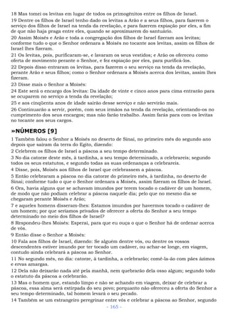 18 Mas tomei os levitas em lugar de todos os primogênitos entre os filhos de Israel.
19 Dentre os filhos de Israel tenho dado os levitas a Arão e a seus filhos, para fazerem o
serviço dos filhos de Israel na tenda da revelação, e para fazerem expiação por eles, a fim
de que não haja praga entre eles, quando se aproximarem do santuário.
20 Assim Moisés e Arão e toda a congregação dos filhos de Israel fizeram aos levitas;
conforme tudo o que o Senhor ordenara a Moisés no tocante aos levitas, assim os filhos de
Israel lhes fizeram.
21 Os levitas, pois, purificaram-se, e lavaram os seus vestidos; e Arão os ofereceu como
oferta de movimento perante o Senhor, e fez expiação por eles, para purificá-los.
22 Depois disso entraram os levitas, para fazerem o seu serviço na tenda da revelação,
perante Arão e seus filhos; como o Senhor ordenara a Moisés acerca dos levitas, assim lhes
fizeram.
23 Disse mais o Senhor a Moisés:
24 Este será o encargo dos levitas: Da idade de vinte e cinco anos para cima entrarão para
se ocuparem no serviço a tenda da revelação;
25 e aos cinqüenta anos de idade sairão desse serviço e não servirão mais.
26 Continuarão a servir, porém, com seus irmãos na tenda da revelação, orientando-os no
cumprimento dos seus encargos; mas não farão trabalho. Assim farás para com os levitas
no tocante aos seus cargos.
»NÚMEROS [9]
1 Também falou o Senhor a Moisés no deserto de Sinai, no primeiro mês do segundo ano
depois que saíram da terra do Egito, dizendo:
2 Celebrem os filhos de Israel a páscoa a seu tempo determinado.
3 No dia catorze deste mês, à tardinha, a seu tempo determinado, a celebrareis; segundo
todos os seus estatutos, e segundo todas as suas ordenanças a celebrareis.
4 Disse, pois, Moisés aos filhos de Israel que celebrassem a páscoa.
5 Então celebraram a páscoa no dia catorze do primeiro mês, à tardinha, no deserto de
Sinai; conforme tudo o que o Senhor ordenara a Moisés, assim fizeram os filhos de Israel.
6 Ora, havia alguns que se achavam imundos por terem tocado o cadáver de um homem,
de modo que não podiam celebrar a páscoa naquele dia; pelo que no mesmo dia se
chegaram perante Moisés e Arão;
7 e aqueles homens disseram-lhes: Estamos imundos por havermos tocado o cadáver de
um homem; por que seríamos privados de oferecer a oferta do Senhor a seu tempo
determinado no meio dos filhos de Israel?
8 Respondeu-lhes Moisés: Esperai, para que eu ouça o que o Senhor há de ordenar acerca
de vós.
9 Então disse o Senhor a Moisés:
10 Fala aos filhos de Israel, dizendo: Se alguém dentre vós, ou dentre os vossos
descendentes estiver imundo por ter tocado um cadáver, ou achar-se longe, em viagem,
contudo ainda celebrará a páscoa ao Senhor.
11 No segundo mês, no dia: catorze, à tardinha, a celebrarão; comê-la-ão com pães ázimos
e ervas amargas.
12 Dela não deixarão nada até pela manhã, nem quebrarão dela osso algum; segundo todo
o estatuto da páscoa a celebrarão.
13 Mas o homem que, estando limpo e não se achando em viagem, deixar de celebrar a
páscoa, essa alma será extirpada do seu povo; porquanto não ofereceu a oferta do Senhor a
seu tempo determinado, tal homem levará o seu pecado.
14 Também se um estrangeiro peregrinar entre vós e celebrar a páscoa ao Senhor, segundo
- 165 -
 