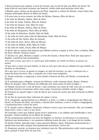 2 Envia homens que espiem a terra de Canaã, que eu hei de dar aos filhos de Israel. De
cada tribo de seus pais enviarás um homem, sendo cada qual príncipe entre eles.
3 Moisés, pois, enviou-os do deserto de Parã, segundo a ordem do Senhor; eram todos eles
homens principais dentre os filhos de Israel.
4 E estes são os seus nomes: da tribo de Rúben, Samua, filho de Zacur;
5 da tribo de Simeão, Safate, filho de Hori;
6 da tribo de Judá, Calebe, filho de Jefoné;
7 da tribo de Issacar, Ioal, filho de José;
8 da tribo de Efraim, Oséias, filho de Num;
9 da tribo de Benjamim, Palti, filho de Rafu;
10 da tribo de Zebulom, Gadiel, filho de Sódi;
11 da tribo de José, pela tribo de Manassés, Gadi, filho de Susi;
12 da tribo de Dã, Amiel, filho de Gemali;
13 da tribo de Aser, Setur, filho de Micael;
14 da tribo de Naftali, Nabi, filho de Vofsi;
15 da tribo de Gade, Geuel, filho de Maqui.
16 Estes são os nomes dos homens que Moisés enviou a espiar a terra. Ora, a Oséias, filho
de Num, Moisés chamou Josué.
17 Enviou-os, pois, Moisés a espiar: a terra de Canaã, e disse-lhes: Subi por aqui para o
Negebe, e penetrai nas montanhas;
18 e vede a terra, que tal é; e o povo que nela habita, se é forte ou fraco, se pouco ou
muito;
19 que tal é a terra em que habita, se boa ou má; que tais são as cidades em que habita, se
arraiais ou fortalezas;
20 e que tal é a terra, se gorda ou magra; se nela há árvores, ou não; e esforçai-vos, e
tomai do fruto da terra. Ora, a estação era a das uvas temporãs.
21 Assim subiram, e espiaram a terra desde o deserto de Zim, até Reobe, à entrada de
Hamate.
22 E subindo para o Negebe, vieram até Hebrom, onde estavam Aimã, Sesai e Talmai,
filhos de Anaque. (Ora, Hebrom foi edificada sete anos antes de Zoã no Egito. )
23 Depois vieram até e vale de Escol, e dali cortaram um ramo de vide com um só cacho, o
qual dois homens trouxeram sobre uma verga; trouxeram também romãs e figos.
24 Chamou-se aquele lugar o vale de Escol, por causa do cacho que dali cortaram os filhos
de Israel.
25 Ao fim de quarenta dias voltaram de espiar a terra.
26 E, chegando, apresentaram-se a Moisés e a Arão, e a toda a congregação dos filhos de
Israel, no deserto de Parã, em Cades; e deram-lhes notícias, a eles e a toda a congregação,
e mostraram-lhes o fruto da terra.
27 E, dando conta a Moisés, disseram: Fomos à terra a que nos enviaste. Ela, em verdade,
mana leite e mel; e este é o seu fruto.
28 Contudo o povo que habita nessa terra é poderoso, e as cidades são fortificadas e mui
grandes. Vimos também ali os filhos de Anaque.
29 Os amalequitas habitam na terra do Negebe; os heteus, os jebuseus e os amorreus
habitam nas montanhas; e os cananeus habitam junto do mar, e ao longo do rio Jordão.
30 Então Calebe, fazendo calar o povo perante Moisés, disse: Subamos animosamente, e
apoderemo-nos dela; porque bem poderemos prevalecer contra ela.
31 Disseram, porém, os homens que subiram com ele: Não poderemos subir contra aquele
povo, porque é mais forte do que nos.
- 170 -
 