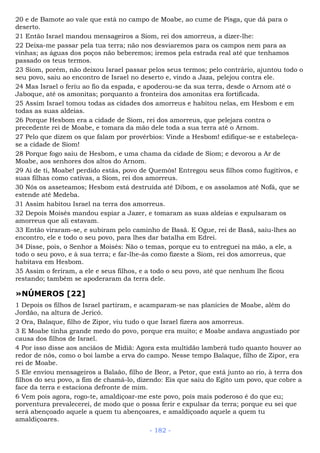 20 e de Bamote ao vale que está no campo de Moabe, ao cume de Pisga, que dá para o
deserto.
21 Então Israel mandou mensageiros a Siom, rei dos amorreus, a dizer-lhe:
22 Deixa-me passar pela tua terra; não nos desviaremos para os campos nem para as
vinhas; as águas dos poços não beberemos; iremos pela estrada real até que tenhamos
passado os teus termos.
23 Siom, porém, não deixou Israel passar pelos seus termos; pelo contrário, ajuntou todo o
seu povo, saiu ao encontro de Israel no deserto e, vindo a Jaza, pelejou contra ele.
24 Mas Israel o feriu ao fio da espada, e apoderou-se da sua terra, desde o Arnom até o
Jaboque, até os amonitas; porquanto a fronteira dos amonitas era fortificada.
25 Assim Israel tomou todas as cidades dos amorreus e habitou nelas, em Hesbom e em
todas as suas aldeias.
26 Porque Hesbom era a cidade de Siom, rei dos amorreus, que pelejara contra o
precedente rei de Moabe, e tomara da mão dele toda a sua terra até o Arnom.
27 Pelo que dizem os que falam por provérbios: Vinde a Hesbom! edifique-se e estabeleça-
se a cidade de Siom!
28 Porque fogo saiu de Hesbom, e uma chama da cidade de Siom; e devorou a Ar de
Moabe, aos senhores dos altos do Arnom.
29 Ai de ti, Moabe! perdido estás, povo de Quemós! Entregou seus filhos como fugitivos, e
suas filhas como cativas, a Siom, rei dos amorreus.
30 Nós os asseteamos; Hesbom está destruída até Dibom, e os assolamos até Nofá, que se
estende até Medeba.
31 Assim habitou Israel na terra dos amorreus.
32 Depois Moisés mandou espiar a Jazer, e tomaram as suas aldeias e expulsaram os
amorreus que ali estavam.
33 Então viraram-se, e subiram pelo caminho de Basã. E Ogue, rei de Basã, saiu-lhes ao
encontro, ele e todo o seu povo, para lhes dar batalha em Edrei.
34 Disse, pois, o Senhor a Moisés: Não o temas, porque eu to entreguei na mão, a ele, a
todo o seu povo, e à sua terra; e far-lhe-ás como fizeste a Siom, rei dos amorreus, que
habitava em Hesbom.
35 Assim o feriram, a ele e seus filhos, e a todo o seu povo, até que nenhum lhe ficou
restando; também se apoderaram da terra dele.
»NÚMEROS [22]
1 Depois os filhos de Israel partiram, e acamparam-se nas planícies de Moabe, além do
Jordão, na altura de Jericó.
2 Ora, Balaque, filho de Zipor, viu tudo o que Israel fizera aos amorreus.
3 E Moabe tinha grande medo do povo, porque era muito; e Moabe andava angustiado por
causa dos filhos de Israel.
4 Por isso disse aos anciãos de Midiã: Agora esta multidão lamberá tudo quanto houver ao
redor de nós, como o boi lambe a erva do campo. Nesse tempo Balaque, filho de Zipor, era
rei de Moabe.
5 Ele enviou mensageiros a Balaão, filho de Beor, a Petor, que está junto ao rio, à terra dos
filhos do seu povo, a fim de chamá-lo, dizendo: Eis que saiu do Egito um povo, que cobre a
face da terra e estaciona defronte de mim.
6 Vem pois agora, rogo-te, amaldiçoar-me este povo, pois mais poderoso é do que eu;
porventura prevalecerei, de modo que o possa ferir e expulsar da terra; porque eu sei que
será abençoado aquele a quem tu abençoares, e amaldiçoado aquele a quem tu
amaldiçoares.
- 182 -
 