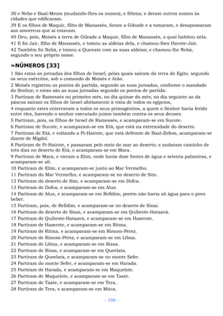 30 e Nebo e Baal-Meom (mudando-lhes os nomes), e Sibma; e deram outros nomes às
cidades que edificaram.
39 E os filhos de Maquir, filho de Manassés, foram a Gileade e a tomaram, e desapossaram
aos amorreus que aí estavam.
40 Deu, pois, Moisés a terra de Gileade a Maquir, filho de Manassés, o qual habitou nela.
41 E foi Jair, filho de Manassés, e tomou as aldeias dela, e chamou-lhes Havote-Jair.
42 Também foi Nobá, e tomou a Quenate com as suas aldeias; e chamou-lhe Nobá,
segundo o seu próprio nome.
»NÚMEROS [33]
1 São estas as jornadas dos filhos de Israel, pelas quais saíram da terra do Egito, segundo
os seus exércitos, sob o comando de Moisés e Arão.
2 Moisés registrou os pontos de partida, segundo as suas jornadas, conforme o mandado
do Senhor; e estas são as suas jornadas segundo os pontos de partida:
3 Partiram de Ramessés no primeiro mês, no dia quinze do mês; no dia seguinte ao da
páscoa saíram os filhos de Israel afoitamente à vista de todos os egípcios,
4 enquanto estes enterravam a todos os seus primogênitos, a quem o Senhor havia ferido
entre eles, havendo o senhor executado juízos também contra os seus deuses.
5 Partiram, pois, os filhos de Israel de Ramessés, e acamparam-se em Sucote.
6 Partiram de Sucote, e acamparam-se em Etã, que está na extremidade do deserto.
7 Partiram de Etã, e voltando a Pi-Hairote, que está defronte de Baal-Zefom, acamparam-se
diante de Migdol.
8 Partiram de Pi-Hairote, e passaram pelo meio do mar ao deserto; e andaram caminho de
três dias no deserto de Etã, e acamparam-se em Mara.
9 Partiram de Mara, e vieram a Elim, onde havia doze fontes de água e setenta palmeiras, e
acamparam-se ali.
10 Partiram de Elim, e acamparam-se junto ao Mar Vermelho.
11 Partiram do Mar Vermelho, e acamparam-se no deserto de Sim.
12 Partiram do deserto de Sim, e acamparam-se em Dofca.
13 Partiram de Dofca, e acamparam-se em Alus.
14 Partiram de Alus, e acamparam-se em Refidim; porém não havia ali água para o povo
beber.
15 Partiram, pois, de Refidim, e acamparam-se no deserto de Sinai.
16 Partiram do deserto de Sinai, e acamparam-se em Quibrote-Hataavá.
17 Partiram de Quibrote-Hataavá, e acamparam-se em Hazerote.
18 Partiram de Hazerote, e acamparam-se em Ritma.
19 Partiram de Ritma, e acamparam-se em Rimom-Pérez.
20 Partiram de Rimom-Pérez, e acamparam-se em Libna.
21 Partiram de Libna, e acamparam-se em Rissa.
22 Partiram de Rissa, e acamparam-se em Queelata.
23 Partiram de Queelata, e acamparam-se no monte Sefer.
24 Partiram do monte Sefer, e acamparam-se em Harada.
25 Partiram de Harada, e acamparam-se em Maquelote.
26 Partiram de Maquelote, e acamparam-se em Taate.
27 Partiram de Taate, e acamparam-se em Tera.
28 Partiram de Tera, e acamparam-se em Mitca.
- 198 -
 