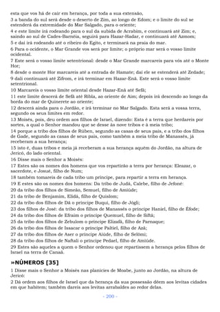 esta que vos há de cair em herança, por toda a sua extensão,
3 a banda do sul será desde o deserto de Zim, ao longo de Edom; e o limite do sul se
estenderá da extremidade do Mar Salgado, para o oriente;
4 e este limite irá rodeando para o sul da subida de Acrabim, e continuará até Zim; e,
saindo ao sul de Cades-Barnéia, seguirá para Hazar-Hadar, e continuará até Azmom;
5 e daí irá rodeando até o ribeiro do Egito, e terminará na praia do mar.
6 Para o ocidente, o Mar Grande vos será por limite; o próprio mar será o vosso limite
ocidental.
7 Este será o vosso limite setentrional: desde o Mar Grande marcareis para vós até o Monte
Hor;
8 desde o monte Hor marcareis até a entrada de Hamate; daí ele se estenderá até Zedade;
9 dali continuará até Zifrom, e irá terminar em Hazar-Enã. Este será o vosso limite
setentrional.
10 Marcareis o vosso limite oriental desde Hazar-Enã até Sefã;
11 este limite descerá de Sefã até Ribla, ao oriente de Aim; depois irá descendo ao longo da
borda do mar de Quinerete ao oriente;
12 descerá ainda para o Jordão, e irá terminar no Mar Salgado. Esta será a vossa terra,
segundo os seus limites em redor.
13 Moisés, pois, deu ordem aos filhos de Israel, dizendo: Esta é a terra que herdareis por
sortes, a qual o Senhor mandou que se desse às nove tribos e à meia tribo;
14 porque a tribo dos filhos de Rúben, segundo as casas de seus pais, e a tribo dos filhos
de Gade, segundo as casas de seus pais, como também a meia tribo de Manassés, já
receberam a sua herança;
15 isto é, duas tribos e meia já receberam a sua herança aquém do Jordão, na altura de
Jericó, do lado oriental.
16 Disse mais o Senhor a Moisés:
17 Estes são os nomes dos homens que vos repartirão a terra por herança: Eleazar, o
sacerdote, e Josué, filho de Num;
18 também tomareis de cada tribo um príncipe, para repartir a terra em herança.
19 E estes são os nomes dos homens: Da tribo de Judá, Calebe, filho de Jefoné:
20 da tribo dos filhos de Simeão, Semuel, filho de Amiúde;
21 da tribo de Benjamim, Elidá, filho de Quislom;
22 da tribo dos filhos de Dã o príncipe Buqui, filho de Jógli;
23 dos filhos de José: da tribo dos filhos de Manassés o príncipe Haniel, filho de Éfode;
24 da tribo dos filhos de Efraim o príncipe Quemuel, filho de Siftã;
25 da tribo dos filhos de Zebulom o príncipe Elizafã, filho de Parnaque;
26 da tribo dos filhos de Issacar o príncipe Paltiel, filho de Azã;
27 da tribo dos filhos de Aser o príncipe Aiúde, filho de Selômi;
28 da tribo dos filhos de Naftali o príncipe Pedael, filho de Amiúde.
29 Estes são aqueles a quem o Senhor ordenou que repartissem a herança pelos filhos de
Israel na terra de Canaã.
»NÚMEROS [35]
1 Disse mais o Senhor a Moisés nas planícies de Moabe, junto ao Jordão, na altura de
Jericó:
2 Dá ordem aos filhos de Israel que da herança da sua possessão dêem aos levitas cidades
em que habitem; também dareis aos levitas arrabaldes ao redor delas.
- 200 -
 