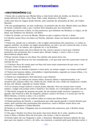 DEUTERONÔMIO
»DEUTERONÔMIO [1]
1 Estas são as palavras que Moisés falou a todo Israel além do Jordão, no deserto, na
Arabá defronte de Sufe, entre Parã, Tofel, Labã, Hazerote e Di-Zaabe.
2 São onze dias de viagem desde Horebe, pelo caminho da montanha de Seir, até Cades-
Barnéia.
3 No ano quadragésimo, no mês undécimo, no primeiro dia do mês, Moisés falou aos filhos
de Israel, conforme tudo o que o senhor lhes mandara por seu intermédio,
4 depois que derrotou a Siom, rei dos amorreus, que habitava em Hesbom, e a Ogue, rei de
Basã, que habitava em Astarote, em Edrei.
5 Além do Jordão, na terra de Moabe, Moisés se pôs a explicar esta lei, e disse:
6 O Senhor nosso Deus nos falou em Horebe, dizendo: Assaz vos haveis demorado neste
monte.
7 Voltai-vos, ponde-vos a caminho, e ide à região montanhosa dos amorreus, e a todos os
lugares vizinhos, na Arabá, na região montanhosa, no vale e no sul; à beira do mar, à terra
dos cananeus, e ao Líbano, até o grande rio, o rio Eufrates.
8 Eis que tenho posto esta terra diante de vós; entrai e possuí a terra que o Senhor
prometeu com juramento dar a vossos pais, Abraão, Isaque, e Jacó, a eles e à sua
descendência depois deles.
9 Nesse mesmo tempo eu vos disse: Eu sozinho não posso levar-vos,
10 o Senhor vosso Deus já vos tem multiplicado, e eis que hoje sois tão numerosos como as
estrelas do céu.
11 O Senhor Deus de vossos pais vos faça mil vezes mais numerosos do que sois; e vos
abençoe, como vos prometeu.
12 Como posso eu sozinho suportar o vosso peso, as vossas cargas e as vossas contendas?
13 Tomai-vos homens sábios, entendidos e experimentados, segundo as vossas tribos, e eu
os porei como cabeças sobre vós.
14 Então me respondestes: bom fazermos o que disseste.
15 Tomei, pois, os cabeças de vossas tribos, homens sábios e experimentados, e os
constituí por cabeças sobre vós, chefes de mil, chefes de cem, chefes de cinqüenta e chefes
de dez, por oficiais, segundo as vossas tribos.
16 E no mesmo tempo ordenei a vossos juízes, dizendo: Ouvi as causas entre vossos
irmãos, e julgai com justiça entre o homem e seu irmão, ou o estrangeiro que está com ele.
17 Não fareis acepção de pessoas em juízo; de um mesmo modo ouvireis o pequeno e o
grande; não temereis a face de ninguém, porque o juízo é de Deus; e a causa que vos for
difícil demais, a trareis a mim, e eu a ouvirei.
18 Assim naquele tempo vos ordenei todas as coisas que devíeis fazer.
19 Então partimos de Horebe, e caminhamos por todo aquele grande e terrível deserto que
vistes, pelo caminho das montanhas dos amorreus, como o Senhor nosso Deus nos
ordenara; e chegamos a Cades-Barnéia.
20 Então eu vos disse: Chegados sois às montanhas dos amorreus, que o Senhor nosso
Deus nos dá.
21 Eis aqui o Senhor teu Deus tem posto esta terra diante de ti; sobe, apodera-te dela,
como te falou o Senhor Deus de teus pais; não temas, e não te assustes.
22 Então todos vós vos chegastes a mim, e dissestes: Mandemos homens adiante de nós,
para que nos espiem a terra e, de volta, nos ensinem o caminho pelo qual devemos subir, e
- 203 -
 