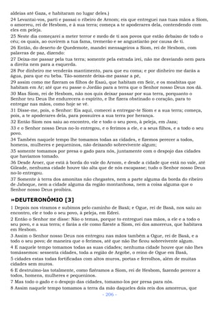 aldeias até Gaza, e habitaram no lugar deles.)
24 Levantai-vos, parti e passai o ribeiro de Arnom; eis que entreguei nas tuas mãos a Siom,
o amorreu, rei de Hesbom, e à sua terra; começa a te apoderares dela, contendendo com
eles em peleja.
25 Neste dia começarei a meter terror e medo de ti aos povos que estão debaixo de todo o
céu; os quais, ao ouvirem a tua fama, tremerão e se angustiarão por causa de ti.
26 Então, do deserto de Quedemote, mandei mensageiros a Siom, rei de Hesbom, com
palavras de paz, dizendo:
27 Deixa-me passar pela tua terra; somente pela estrada irei, não me desviando nem para
a direita nem para a esquerda.
28 Por dinheiro me venderás mantimento, para que eu coma; e por dinheiro me darás a
água, para que eu beba. Tão-somente deixa-me passar a pé,
29 assim como me fizeram os filhos de Esaú, que habitam em Seir, e os moabitas que
habitam em Ar; até que eu passe o Jordão para a terra que o Senhor nosso Deus nos dá.
30 Mas Siom, rei de Hesbom, não nos quis deixar passar por sua terra, porquanto o
Senhor teu Deus lhe endurecera o espírito, e lhe fizera obstinado o coração, para to
entregar nas mãos, como hoje se vê.
31 Disse-me, pois, o Senhor: Eis aqui, comecei a entregar-te Siom e a sua terra; começa,
pois, a te apoderares dela, para possuíres a sua terra por herança.
32 Então Siom nos saiu ao encontro, ele e todo o seu povo, à peleja, em Jaza;
33 e o Senhor nosso Deus no-lo entregou, e o ferimos a ele, e a seus filhos, e a todo o seu
povo.
34 Também naquele tempo lhe tomamos todas as cidades, e fizemos perecer a todos,
homens, mulheres e pequeninos, não deixando sobrevivente algum;
35 somente tomamos por presa o gado para nós, juntamente com o despojo das cidades
que havíamos tomado.
36 Desde Aroer, que está à borda do vale do Arnom, e desde a cidade que está no vale, até
Gileade, nenhuma cidade houve tão alta que de nós escapasse; tudo o Senhor nosso Deus
no-lo entregou.
37 Somente à terra dos amonitas não chegastes, nem a parte alguma da borda do ribeiro
de Jaboque, nem a cidade alguma da região montanhosa, nem a coisa alguma que o
Senhor nosso Deus proibira.
»DEUTERONÔMIO [3]
1 Depois nos viramos e subimos pelo caminho de Basã; e Ogue, rei de Basã, nos saiu ao
encontro, ele e todo o seu povo, à peleja, em Edrei.
2 Então o Senhor me disse: Não o temas, porque to entreguei nas mãos, a ele e a todo o
seu povo, e a sua terra; e farás a ele como fizeste a Siom, rei dos amorreus, que habitava
em Hesbom.
3 Assim o Senhor nosso Deus nos entregou nas mãos também a Ogue, rei de Basã, e a
todo o seu povo; de maneira que o ferimos, até que não lhe ficou sobrevivente algum.
4 E naquele tempo tomamos todas as suas cidades; nenhuma cidade houve que não lhes
tomássemos: sessenta cidades, toda a região de Argobe, o reino de Ogue em Basã,
5 cidades estas todas fortificadas com altos muros, portas e ferrolhos, além de muitas
cidades sem muros.
6 E destruímo-las totalmente, como fizéramos a Siom, rei de Hesbom, fazendo perecer a
todos, homens, mulheres e pequeninos.
7 Mas todo o gado e o despojo das cidades, tomamo-los por presa para nós.
8 Assim naquele tempo tomamos a terra da mão daqueles dois reis dos amorreus, que
- 206 -
 