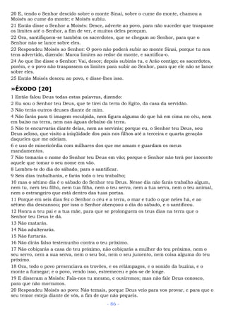20 E, tendo o Senhor descido sobre o monte Sinai, sobre o cume do monte, chamou a
Moisés ao cume do monte; e Moisés subiu.
21 Então disse o Senhor a Moisés: Desce, adverte ao povo, para não suceder que traspasse
os limites até o Senhor, a fim de ver, e muitos deles pereçam.
22 Ora, santifiquem-se também os sacerdotes, que se chegam ao Senhor, para que o
Senhor não se lance sobre eles.
23 Respondeu Moisés ao Senhor: O povo não poderá subir ao monte Sinai, porque tu nos
tens advertido, dizendo: Marca limites ao redor do monte, e santifica-o.
24 Ao que lhe disse o Senhor: Vai, desce; depois subirás tu, e Arão contigo; os sacerdotes,
porém, e o povo não traspassem os limites para subir ao Senhor, para que ele não se lance
sobre eles.
25 Então Moisés desceu ao povo, e disse-lhes isso.
»ÊXODO [20]
1 Então falou Deus todas estas palavras, dizendo:
2 Eu sou o Senhor teu Deus, que te tirei da terra do Egito, da casa da servidão.
3 Não terás outros deuses diante de mim.
4 Não farás para ti imagem esculpida, nem figura alguma do que há em cima no céu, nem
em baixo na terra, nem nas águas debaixo da terra.
5 Não te encurvarás diante delas, nem as servirás; porque eu, o Senhor teu Deus, sou
Deus zeloso, que visito a iniqüidade dos pais nos filhos até a terceira e quarta geração
daqueles que me odeiam.
6 e uso de misericórdia com milhares dos que me amam e guardam os meus
mandamentos.
7 Não tomarás o nome do Senhor teu Deus em vão; porque o Senhor não terá por inocente
aquele que tomar o seu nome em vão.
8 Lembra-te do dia do sábado, para o santificar.
9 Seis dias trabalharás, e farás todo o teu trabalho;
10 mas o sétimo dia é o sábado do Senhor teu Deus. Nesse dia não farás trabalho algum,
nem tu, nem teu filho, nem tua filha, nem o teu servo, nem a tua serva, nem o teu animal,
nem o estrangeiro que está dentro das tuas portas.
11 Porque em seis dias fez o Senhor o céu e a terra, o mar e tudo o que neles há, e ao
sétimo dia descansou; por isso o Senhor abençoou o dia do sábado, e o santificou.
12 Honra a teu pai e a tua mãe, para que se prolonguem os teus dias na terra que o
Senhor teu Deus te dá.
13 Não matarás.
14 Não adulterarás.
15 Não furtarás.
16 Não dirás falso testemunho contra o teu próximo.
17 Não cobiçarás a casa do teu próximo, não cobiçarás a mulher do teu próximo, nem o
seu servo, nem a sua serva, nem o seu boi, nem o seu jumento, nem coisa alguma do teu
próximo.
18 Ora, todo o povo presenciava os trovões, e os relâmpagos, e o sonido da buzina, e o
monte a fumegar; e o povo, vendo isso, estremeceu e pôs-se de longe.
19 E disseram a Moisés: Fala-nos tu mesmo, e ouviremos; mas não fale Deus conosco,
para que não morramos.
20 Respondeu Moisés ao povo: Não temais, porque Deus veio para vos provar, e para que o
seu temor esteja diante de vós, a fim de que não pequeis.
- 86 -
 