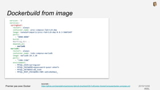 Premier pas avec Docker 2019/10/08
#BBL
sources :
https://github.com/kanedafromparis/prez-fabric8-dmp/blob/030-FullDocker-DockerCompose/docker-compose.yml
Dockerbuild from image
version: '3'
services:
springboot:
restart: always
container_name: prez-compose-fabric8-dmp
image: kanedafromparis/prez-fabric8-dmp:0.0.3-SNAPSHOT
ports:
- "8080:8080"
build: .
#working_dir: .
depends_on:
- mariadb
mariadb:
restart: always
container_name: todo-compose-mariadb
image: mariadb:10.3.10
ports:
- "3306:3306"
environment:
- MYSQL_USER=springuser
- MYSQL_PASSWORD=mypassword-quoor-uHoe7z
- MYSQL_DATABASE=db_todo
- MYSQL_ROOT_PASSWORD=r00t-aeKie8ahWai_
 