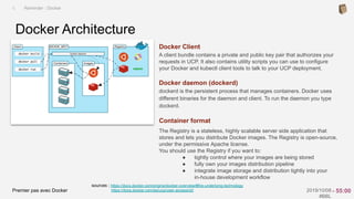 Premier pas avec Docker 2019/10/08
#BBL
sources : https://docs.docker.com/engine/docker-overview/#the-underlying-technology
https://docs.docker.com/ee/ucp/user-access/cli/
Docker Client
A client bundle contains a private and public key pair that authorizes your
requests in UCP. It also contains utility scripts you can use to configure
your Docker and kubectl client tools to talk to your UCP deployment.
Docker daemon (dockerd)
dockerd is the persistent process that manages containers. Docker uses
different binaries for the daemon and client. To run the daemon you type
dockerd.
Container format
The Registry is a stateless, highly scalable server side application that
stores and lets you distribute Docker images. The Registry is open-source,
under the permissive Apache license.
You should use the Registry if you want to:
● tightly control where your images are being stored
● fully own your images distribution pipeline
● integrate image storage and distribution tightly into your
in-house development workflow
Docker Architecture
I. Reminder : Docker
- 55:00
 