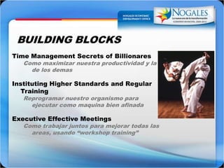 BUILDING BLOCKSTime Management Secrets of BillionaresComo maximizarnuestraproductividad y la de los demasInstituting Higher Standards and Regular TrainingReprogramarnuestroorganismoparaejecutarcomomaquinabienafinadaExecutive Effective MeetingsComo trabajarjuntosparamejorartodaslas areas, usando “workshop training”