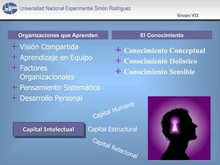 Organizaciones que Aprenden Grupo VII Visión Compartida Aprendizaje en Equipo Factores Organizacionales Pensamiento Sistemático Desarrollo Personal El Conocimiento Conocimiento Conceptual  Conocimiento Holistico Conocimiento Sensible Capital Intelectual Capital Humano Capital Estructural Capital Relacional 