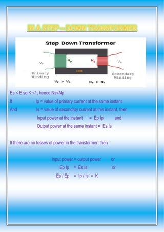 Es < E so K <1, hence Ns<Np
If Ip = value of primary current at the same instant
And Is = value of secondary current at this instant, then
Input power at the instant = Ep Ip and
Output power at the same instant = Es Is
If there are no losses of power in the transformer, then
Input power = output power or
Ep Ip = Es Is or
Es / Ep = Ip / Is = K
 
