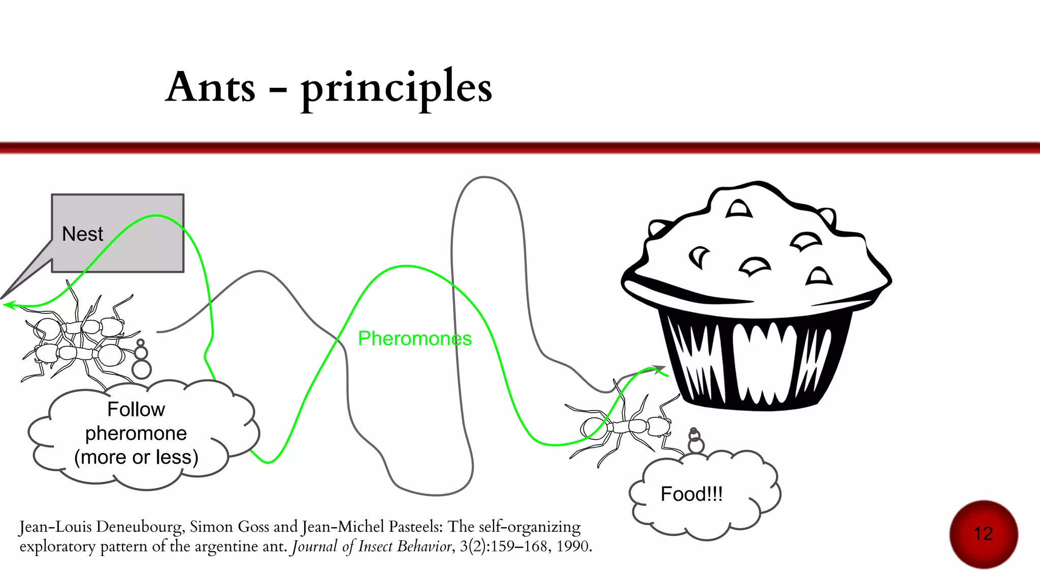 Sorting ants
12
2. A
cocoon!
take it?
Memory
Ø
Ø
Ø
Ø
Ø
Ø
Ø
Ø
Ø
Ø
1. Nothing.Memory
cocoon
Ø
Ø
Ø
Ø
Ø
Ø
Ø
Ø
Ø
Memory
food
cocoon
Ø
Ø
Ø
Ø
Ø
Ø
Ø
Ø
7 .Many
cocoons.
Drop cocoon!
Memory
cocoon
cocoon
cocoon
food
cocoon
Ø
Ø
Ø
Ø
Ø
3. Food!
Exchange
with cocoon?
H Van Dyke Parunak. ”go to the ant”: Engineering principles from natural multi-
agent systems. Annals of Operations Research, 75:69–101, 1997.
 