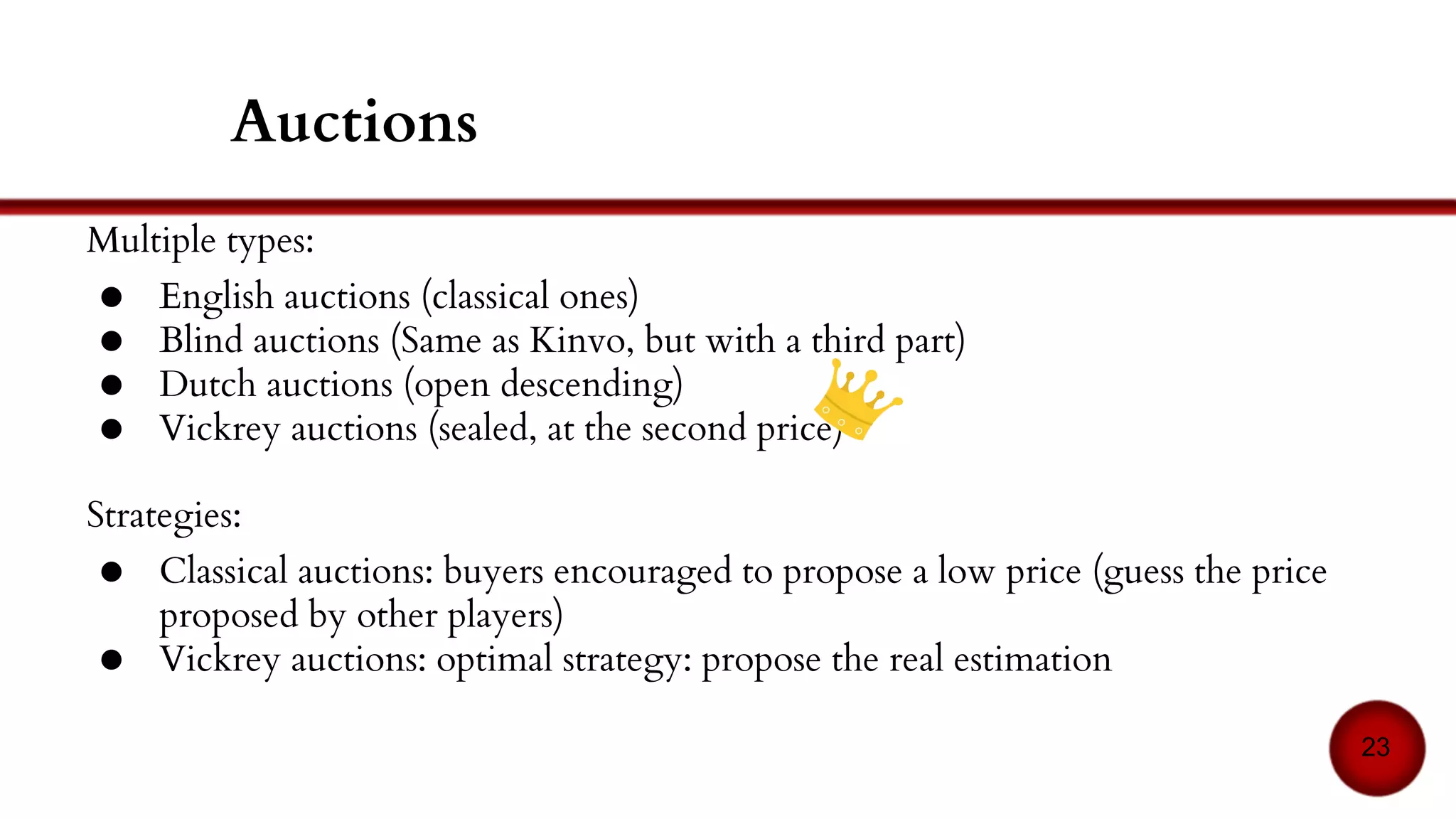 Contract nets
Specific to MASs.
Identical to bargaining, but (1-n)
Idea: a Manager has a tasks to complete, and try to
distribute it among Contractors
Manager decomposes the task into subtasks and propose
them to contractors
Contractors choose tasks they want to accomplish
between those proposed by managers
Managers chooses the contractors among the ones that
answered
Reid G Smith: The contract net protocol: High-level
communication and control in a distributed problem solver.
IEEE Transactions on Computers, C-29(12):1104–1113, Dec
23
 