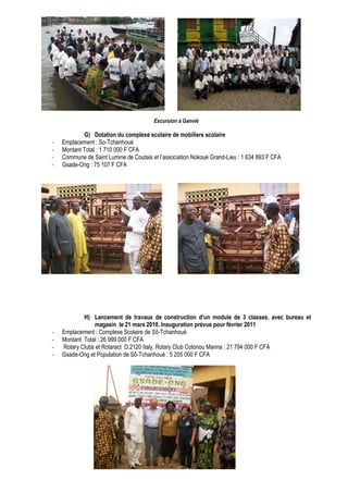 Excursion à Ganvié 
G) Dotation du complexe scolaire de mobiliers scolaire 
- Emplacement : So-Tchanhoué 
- Montant Total : 1 710 000 F CFA 
- Commune de Saint Lumine de Coutais et l’association Nokoué Grand-Lieu : 1 634 893 F CFA 
- Gsade-Ong : 75 107 F CFA 
H) Lancement de travaux de construction d’un module de 3 classes, avec bureau et 
magasin le 21 mars 2010. Inauguration prévue pour février 2011 
- Emplacement : Complexe Scolaire de Sô-Tchanhoué 
- Montant Total : 26 999 000 F CFA 
- Rotary Clubs et Rotaract D.2120 Italy, Rotary Club Cotonou Marina : 21 794 000 F CFA 
- Gsade-Ong et Population de Sô-Tchanhoué : 5 205 000 F CFA 
 