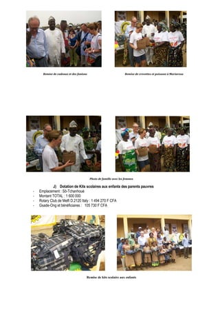 Remise de cadeaux et des fanions Remise de crevettes et poissons à Mariarosa 
Photo de famille avec les femmes 
J) Dotation de Kits scolaires aux enfants des parents pauvres 
- Emplacement : Sô-Tchanhoué 
- Montant TOTAL : 1 600 000 
- Rotary Club de Melfi D.2120 Italy : 1 494 270 F CFA 
- Gsade-Ong et bénéficiaires : 105 730 F CFA 
Remise de kits scolaire aux enfants 
 