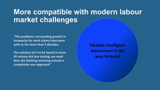 More compatible with modern labour
market challenges
Grouping and tick box
testing
doesn’t
work	
  
Flexible	
  intelligent	
  
assessment	
  is	
  the	
  
way	
  forward	
  	
  
“The	
  problems	
  surrounding	
  growth	
  in	
  	
  
incapacity	
  for	
  work	
  claims	
  have	
  been	
  	
  
with	
  us	
  for	
  more	
  than	
  3	
  decades.	
  	
  	
  
	
  
The	
  soluEon	
  isn’t	
  to	
  be	
  found	
  in	
  more	
  	
  
45	
  minute	
  Eck	
  box	
  tesEng;	
  we	
  need	
  	
  
blue	
  sky	
  thinking	
  revolving	
  around	
  a	
  	
  
completely	
  new	
  approach”	
  	
  	
  	
  
 
