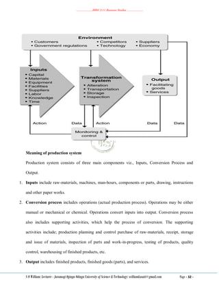 ………………..BBM 2111 Business Studies ………………..
S O William: Lecturer - Jaramogi Oginga Odinga University of Science & Technology: williamkasati@gmail.com Page - 32 -
Meaning of production system
Production system consists of three main components viz., Inputs, Conversion Process and
Output.
1. Inputs include raw-materials, machines, man-hours, components or parts, drawing, instructions
and other paper works.
2. Conversion process includes operations (actual production process). Operations may be either
manual or mechanical or chemical. Operations convert inputs into output. Conversion process
also includes supporting activities, which help the process of conversion. The supporting
activities include; production planning and control purchase of raw-materials, receipt, storage
and issue of materials, inspection of parts and work-in-progress, testing of products, quality
control, warehousing of finished products, etc.
3. Output includes finished products, finished goods (parts), and services.
 
