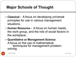 Major Schools of Thought
21
 Classical - A focus on developing universal
principles for use in various management
situations.
 Human Resource - A focus on human needs,
the work group, and the role of social factors in
the workplace.
 Quantitative or Management Science
A focus on the use of mathematical
techniques for management problem-
solving.
9/11/2022
DR.NGARI
 