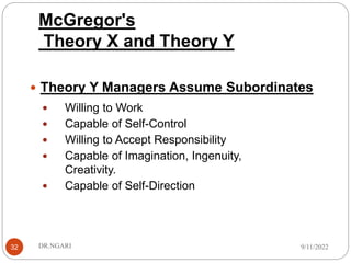 McGregor's
Theory X and Theory Y
32
 Theory Y Managers Assume Subordinates
 Willing to Work
 Capable of Self-Control
 Willing to Accept Responsibility
 Capable of Imagination, Ingenuity,
Creativity.
 Capable of Self-Direction
9/11/2022
DR.NGARI
 