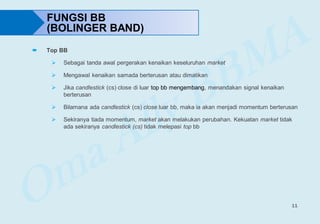 11
FUNGSI BB
(BOLINGER BAND)
 Top BB
 Sebagai tanda awal pergerakan kenaikan keseluruhan market
 Mengawal kenaikan samada berterusan atau dimatikan
 Jika candlestick (cs) close di luar top bb mengembang, menandakan signal kenaikan
berterusan
 Bilamana ada candlestick (cs) close luar bb, maka ia akan menjadi momentum berterusan
 Sekiranya tiada momentum, market akan melakukan perubahan. Kekuatan market tidak
ada sekiranya candlestick (cs) tidak melepasi top bb
 