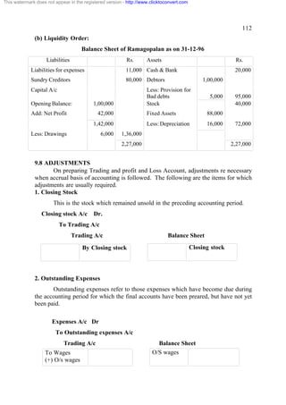 This watermark does not appear in the registered version - http://www.clicktoconvert.com




                                                                                                               112
              (b) Liquidity Order:
                                     Balance Sheet of Ramagopalan as on 31-12-96
                    Liabilities                           Rs.       Assets                                  Rs.
             Liabilities for expenses                     11,000 Cash & Bank                                20,000
             Sundry Creditors                             80,000 Debtors                        1,00,000
             Capital A/c                                            Less: Provision for
                                                                    Bad debts                     5,000     95,000
             Opening Balance:             1,00,000                  Stock                                   40,000
             Add: Net Profit                42,000                  Fixed Assets                 88,000
                                          1,42,000                  Less: Depreciation           16,000     72,000
             Less: Drawings                   6,000     1,36,000
                                                        2,27,000                                           2,27,000


              9.8 ADJUSTMENTS
                     On preparing Trading and profit and Loss Account, adjustments re necessary
              when accrual basis of accounting is followed. The following are the items for which
              adjustments are usually required.
              1. Closing Stock
                       This is the stock which remained unsold in the preceding accounting period.
                  Closing stock A/c       Dr.
                           To Trading A/c
                                  Trading A/c                                 Balance Sheet

                                     By Closing stock                                      Closing stock




              2. Outstanding Expenses
                     Outstanding expenses refer to those expenses which have become due during
              the accounting period for which the final accounts have been preared, but have not yet
              been paid.

                       Expenses A/c Dr
                        To Outstanding expenses A/c
                            Trading A/c                                 Balance Sheet
                   To Wages                                           O/S wages
                   (+) O/s wages
 