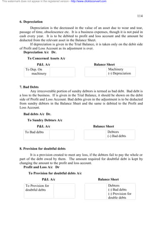 This watermark does not appear in the registered version - http://www.clicktoconvert.com




                                                                                                               114
              6. Depreciation
                      Depreciation is the decreased in the value of an asset due to wear and tear,
              passage of time, obsolescence etc. It is a business expenses, though it is not paid in
              cash every year. It is to be debited to profit and loss account and the amount be
              deducted from the relevant asset in the Balance Sheet.
                      If depreciation is given in the Trial Balance, it is taken only on the debit side
              of Profit and Loss Account as its adjustment is over.
                 Depreciation A/c Dr.
                     To Concerned Assets A/c
                          P&L A/c                                            Balance Sheet
                   To Dep. On                                                         Machinery
                       machinery                                                      (-) Depreciation


              7. Bad Debts
                      Any irrecoverable portion of sundry debtors is termed as bad debt. Bad debt is
              a loss to the business. If is given in the Trial Balance, it should be shown on the debit
              side of Profit and Loss Account. Bad debts given in the adjustment is to be deducted
              from sundry debtors in the Balance Sheet and the same is debited to the Profit and
              Loss Account.
                  Bad debts A/c Dr.
                     To Sundry Debtors A/c
                             P&L A/c                                        Balance Sheet
                   To Bad debts                                                            Debtors
                                                                                           (-) Bad debts


              8. Provision for doubtful debts
                      It is a provision created to meet any loss, if the debtors fail to pay the whole or
              part of the debt owed by them. The amount required for doubtful debt is kept by
              changing the amount to the profit and loss account.
                Profit and Loss A/c Dr
                      To Provision for doubtful debts A/c
                                 P&L A/c                                        Balance Sheet
                   To Provision for                                                        Debtors
                   doubtful debts                                                          (-) Bad debts
                                                                                           (-) Provision for
                                                                                           double debts
 