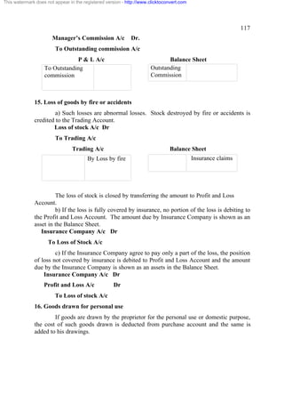 This watermark does not appear in the registered version - http://www.clicktoconvert.com




                                                                                                              117
                       Manager’s Commission A/c              Dr.
                        To Outstanding commission A/c
                               P & L A/c                                     Balance Sheet
                   To Outstanding                                     Outstanding
                   commission                                         Commission



              15. Loss of goods by fire or accidents
                       a) Such losses are abnormal losses. Stock destroyed by fire or accidents is
              credited to the Trading Account.
                      Loss of stock A/c Dr
                        To Trading A/c
                                Trading A/c                                    Balance Sheet
                                        By Loss by fire                                    Insurance claims




                       The loss of stock is closed by transferring the amount to Profit and Loss
              Account.
                       b) If the loss is fully covered by insurance, no portion of the loss is debiting to
              the Profit and Loss Account. The amount due by Insurance Company is shown as an
              asset in the Balance Sheet.
                 Insurance Company A/c Dr
                     To Loss of Stock A/c
                       c) If the Insurance Company agree to pay only a part of the loss, the position
              of loss not covered by insurance is debited to Profit and Loss Account and the amount
              due by the Insurance Company is shown as an assets in the Balance Sheet.
                  Insurance Company A/c Dr
                   Profit and Loss A/c              Dr
                        To Loss of stock A/c
              16. Goods drawn for personal use
                      If goods are drawn by the proprietor for the personal use or domestic purpose,
              the cost of such goods drawn is deducted from purchase account and the same is
              added to his drawings.
 