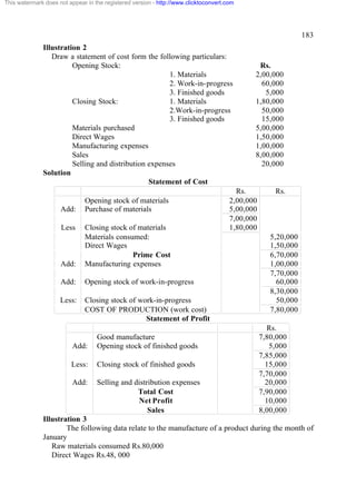 This watermark does not appear in the registered version - http://www.clicktoconvert.com




                                                                                                               183
              Illustration 2
                 Draw a statement of cost form the following particulars:
                        Opening Stock:                                                        Rs.
                                                       1. Materials                          2,00,000
                                                       2. Work-in-progress                     60,000
                                                       3. Finished goods                        5,000
                        Closing Stock:                 1. Materials                          1,80,000
                                                       2.Work-in-progress                      50,000
                                                       3. Finished goods                       15,000
                        Materials purchased                                                  5,00,000
                        Direct Wages                                                         1,50,000
                        Manufacturing expenses                                               1,00,000
                        Sales                                                                8,00,000
                        Selling and distribution expenses                                      20,000
              Solution
                                                 Statement of Cost
                                                                                        Rs.          Rs.
                              Opening stock of materials                              2,00,000
                     Add:     Purchase of materials                                   5,00,000
                                                                                      7,00,000
                     Less     Closing stock of materials                              1,80,000
                              Materials consumed:                                                   5,20,000
                              Direct Wages                                                          1,50,000
                                             Prime Cost                                             6,70,000
                     Add:     Manufacturing expenses                                                1,00,000
                                                                                                    7,70,000
                     Add:     Opening stock of work-in-progress                                       60,000
                                                                                                    8,30,000
                     Less:    Closing stock of work-in-progress                                       50,000
                              COST OF PRODUCTION (work cost)                                        7,80,000
                                                 Statement of Profit
                                                                                                   Rs.
                                   Good manufacture                                              7,80,000
                          Add:     Opening stock of finished goods                                  5,000
                                                                                                 7,85,000
                         Less:     Closing stock of finished goods                                 15,000
                                                                                                 7,70,000
                          Add:     Selling and distribution expenses                               20,000
                                                Total Cost                                       7,90,000
                                                Net Profit                                         10,000
                                                    Sales                                        8,00,000
              Illustration 3
                      The following data relate to the manufacture of a product during the month of
              January
                 Raw materials consumed Rs.80,000
                 Direct Wages Rs.48, 000
 