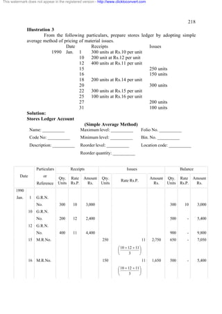 This watermark does not appear in the registered version - http://www.clicktoconvert.com




                                                                                                                 218
               Illustration 3
                        From the following particulars, prepare stores ledger by adopting simple
               average method of pricing of material issues.
                                  Date         Receipts                    Issues
                            1990 Jan. 1        300 units at Rs.10 per unit
                                         10 200 unit at Rs.12 per unit
                                         12 400 units at Rs.11 per unit
                                         15                                250 units
                                         16                                150 units
                                         18 200 units at Rs.14 per unit
                                         20                                300 units
                                         22 300 units at Rs.15 per unit
                                         25 100 units at Rs.16 per unit
                                         27                                200 units
                                         31                                100 units
               Solution:
               Stores Ledger Account
                                            (Simple Average Method)
                 Name: __________               Maximum level: __________             Folio No. __________
                 Code No: __________            Minimum level: __________             Bin. No. __________
                 Description: __________        Reorder level: __________             Location code: __________
                                                Reorder quantity: __________


                      Particulars         Receipts                          Issues                           Balance
          Date              or
                                    Qty. Rate Amount Qty.                                      Amount Qty. Rate Amount
                                                                        Rate Rs.P.
                      Reference     Units Rs.P. Rs.  Units                                      Rs.   Units Rs.P. Rs.
        1990
        Jan.     1    G.R.N.
                      No.           300    10        3,000                                             300     10      3,000
                 10   G.R.N.
                      No.           200    12        2,400                                             500      -      5,400
                 12   G.R.N.
                      No.           400    11        4,400                                             900      -      9,800
                 15   M.R.No.                                250                          11   2;750   650      -      7,050
                                                                       æ 10 + 12 + 11 ö
                                                                       ç              ÷
                                                                       è       3      ø
                 16   M.R.No.                                150                          11   1,650   500      -      5,400
                                                                       æ 10 + 12 + 11 ö
                                                                       ç              ÷
                                                                       è       3      ø
 