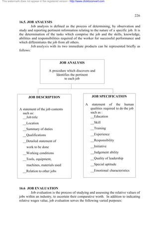 This watermark does not appear in the registered version - http://www.clicktoconvert.com




                                                                                                               226
              16.5. JOB ANALYSIS
                       Job analysis is defined as the process of determining, by observation and
              study and reporting pertinent information relating to the nature of a specific job. It is
              the determination of the tasks which comprise the job and the skills, knowledge,
              abilities and responsibilities required of the worker for successful performance and
              which differentiates the job from all others.
                       Job analysis with its two immediate products can be represented briefly as
              follows:


                                                 JOB ANALYSIS

                                        A procedure which discovers and
                                             Identifies the pertinent
                                                   to each job




                      JOB DESCRIPTION                                        JOB SPECIFICATION

                                                                       A     statement of the human
              A statement of the job contents                               qualities required to do the job
                such as:                                                    such as :
                __Job title                                                 __Education
                 __Location                                                 __Skill
                 __Summary of duties                                        __Training
                 __Qualifications                                           __Experience

                 __Detailed statement of                                    __Responsibility
                     work to be done                                        __Initiative
                 __Working conditions                                       __Judgement ability
                 __Tools, equipment,                                        __Quality of leadership
                     machines, materials used                               __Special aptitude
                 __Relation to other jobs                                   __Emotional characteristics




              16.6 JOB EVALUATION
                       Job evaluation is the process of studying and assessing the relative values of
              jobs within an industry, to ascertain their comparative worth. In addition to indicating
              relative wages value, job evaluation serves the following varied purposes:
 