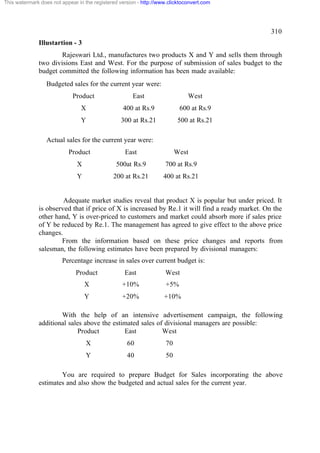 This watermark does not appear in the registered version - http://www.clicktoconvert.com




                                                                                                310
              Illustartion - 3
                      Rajeswari Ltd., manufactures two products X and Y and sells them through
              two divisions East and West. For the purpose of submission of sales budget to the
              budget committed the following information has been made available:
                  Budgeted sales for the current year were:
                             Product                  East                    West
                                X                 400 at Rs.9              600 at Rs.9
                                Y                300 at Rs.21              500 at Rs.21

                  Actual sales for the current year were:
                           Product                 East                   West
                               X               500at Rs.9           700 at Rs.9
                               Y              200 at Rs.21          400 at Rs.21


                       Adequate market studies reveal that product X is popular but under priced. It
              is observed that if price of X is increased by Re.1 it will find a ready market. On the
              other hand, Y is over-priced to customers and market could absorb more if sales price
              of Y be reduced by Re.1. The management has agreed to give effect to the above price
              changes.
                      From the information based on these price changes and reports from
              salesman, the following estimates have been prepared by divisional managers:
                        Percentage increase in sales over current budget is:
                              Product              East             West
                                   X              +10%               +5%
                                   Y              +20%              +10%

                      With the help of an intensive advertisement campaign, the following
              additional sales above the estimated sales of divisional managers are possible:
                             Product         East          West
                                   X                60               70
                                   Y                40               50

                      You are required to prepare Budget for Sales incorporating the above
              estimates and also show the budgeted and actual sales for the current year.
 