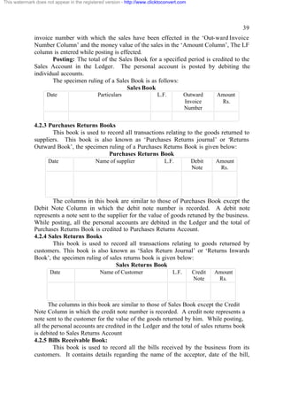 This watermark does not appear in the registered version - http://www.clicktoconvert.com




                                                                                                             39
              invoice number with which the sales have been effected in the ‘Out-ward Invoice
              Number Column’ and the money value of the sales in the ‘Amount Column’, The LF
              column is entered while posting is effected.
                     Posting: The total of the Sales Book for a specified period is credited to the
              Sales Account in the Ledger. The personal account is posted by debiting the
              individual accounts.
                     The specimen ruling of a Sales Book is as follows:
                                                    Sales Book
                    Date                     Particulars                  L.F.          Outward     Amount
                                                                                        Invoice      Rs.
                                                                                        Number


              4.2.3 Purchases Returns Books
                     This book is used to record all transactions relating to the goods returned to
              suppliers. This book is also known as ‘Purchases Returns journal’ or ‘Returns
              Outward Book’, the specimen ruling of a Purchases Returns Book is given below:
                                           Purchases Returns Book
                     Date                   Name of supplier                 L.F.          Debit    Amount
                                                                                           Note      Rs.




                     The columns in this book are similar to those of Purchases Book except the
              Debit Note Column in which the debit note number is recorded. A debit note
              represents a note sent to the supplier for the value of goods retuned by the business.
              While posting, all the personal accounts are debited in the Ledger and the total of
              Purchases Returns Book is credited to Purchases Returns Account.
              4.2.4 Sales Returns Books
                     This book is used to record all transactions relating to goods returned by
              customers. This book is also known as ‘Sales Return Journal’ or ‘Returns Inwards
              Book’, the specimen ruling of sales returns book is given below:
                                               Sales Returns Book
                      Date                    Name of Customer                   L.F.      Credit   Amount
                                                                                           Note      Rs.



                    The columns in this book are similar to those of Sales Book except the Credit
              Note Column in which the credit note number is recorded. A credit note represents a
              note sent to the customer for the value of the goods returned by him. While posting,
              all the personal accounts are credited in the Ledger and the total of sales returns book
              is debited to Sales Returns Account
              4.2.5 Bills Receivable Book:
                       This book is used to record all the bills received by the business from its
              customers. It contains details regarding the name of the acceptor, date of the bill,
 