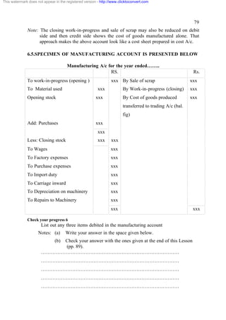 This watermark does not appear in the registered version - http://www.clicktoconvert.com




                                                                                                            79
              Note: The closing work-in-progress and sale of scrap may also be reduced on debit
                    side and then credit side shows the cost of goods manufactured alone. That
                    approach makes the above account look like a cost sheet prepared in cost A/c.

              6.5.SPECIMEN OF MANUFACTURING ACCOUNT IS PRESENTED BELOW

                                      Manufacturing A/c for the year ended……..
                                                         RS.                                                Rs.
              To work-in-progress (opening )                     xxx By Sale of scrap                      xxx
              To Material used                           xxx            By Work-in-progress (closing)      xxx
              Opening stock                             xxx             By Cost of goods produced          xxx
                                                                        transferred to trading A/c (bal.
                                                                        fig)
              Add: Purchases                            xxx
                                                         xxx
              Less: Closing stock                        xxx     xxx
              To Wages                                           xxx
              To Factory expenses                                xxx
              To Purchase expenses                               xxx
              To Import duty                                     xxx
              To Carriage inward                                 xxx
              To Depreciation on machinery                       xxx
              To Repairs to Machinery                            xxx
                                                                 xxx                                        xxx

              Check your progress 6
                       List out any three items debited in the manufacturing account
                     Notes: (a)      Write your answer in the space given below.
                               (b)
                            Check your answer with the ones given at the end of this Lesson
                            (pp. 89).
                       …………………………………………………………………………
                       …………………………………………………………………………
                       …………………………………………………………………………
                       …………………………………………………………………………
                       …………………………………………………………………………
 
