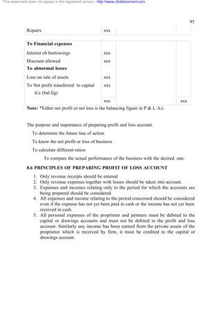 This watermark does not appear in the registered version - http://www.clicktoconvert.com




                                                                                                   95
              Repairs                                         xxx

              To Financial expenses
              Interest ob borrowings                          xxx
              Discount allowed                                xxx
              To abnormal losses
              Loss on sale of assets                          xxx
              To Net profit transferred to capital            xxx
                   A/c (bal.fig)
                                                              xxx                            xxx
              Note: *Either net profit or net loss is the balancing figure in P & L A/c


              The purpose and importance of preparing profit and loss account.
                  To determine the future line of action
                  To know the net profit or loss of business
                  To calculate different ratios
                         To compare the actual performance of the business with the desired one.
              8.6 PRINCIPLES OF PREPARING PROFIT OF LOSS ACCOUNT
                  1. Only revenue receipts should be entered
                  2. Only revenue expenses together with losses should be taken into account.
                  3. Expenses and incomes relating only to the period for which the accounts are
                     being prepared should be considered.
                  4. All expenses and income relating to the period concerned should be considered
                     even if the expense has not yet been paid in cash or the income has not yet been
                     received in cash.
                  5. All personal expenses of the proprietor and pertners must be debited to the
                     capital or drawings accounts and must not be debited to the profit and loss
                     account. Similarly any income has been earned from the private assets of the
                     proprietor which is received by firm, it must be credited to the capital or
                     drawings account.
 