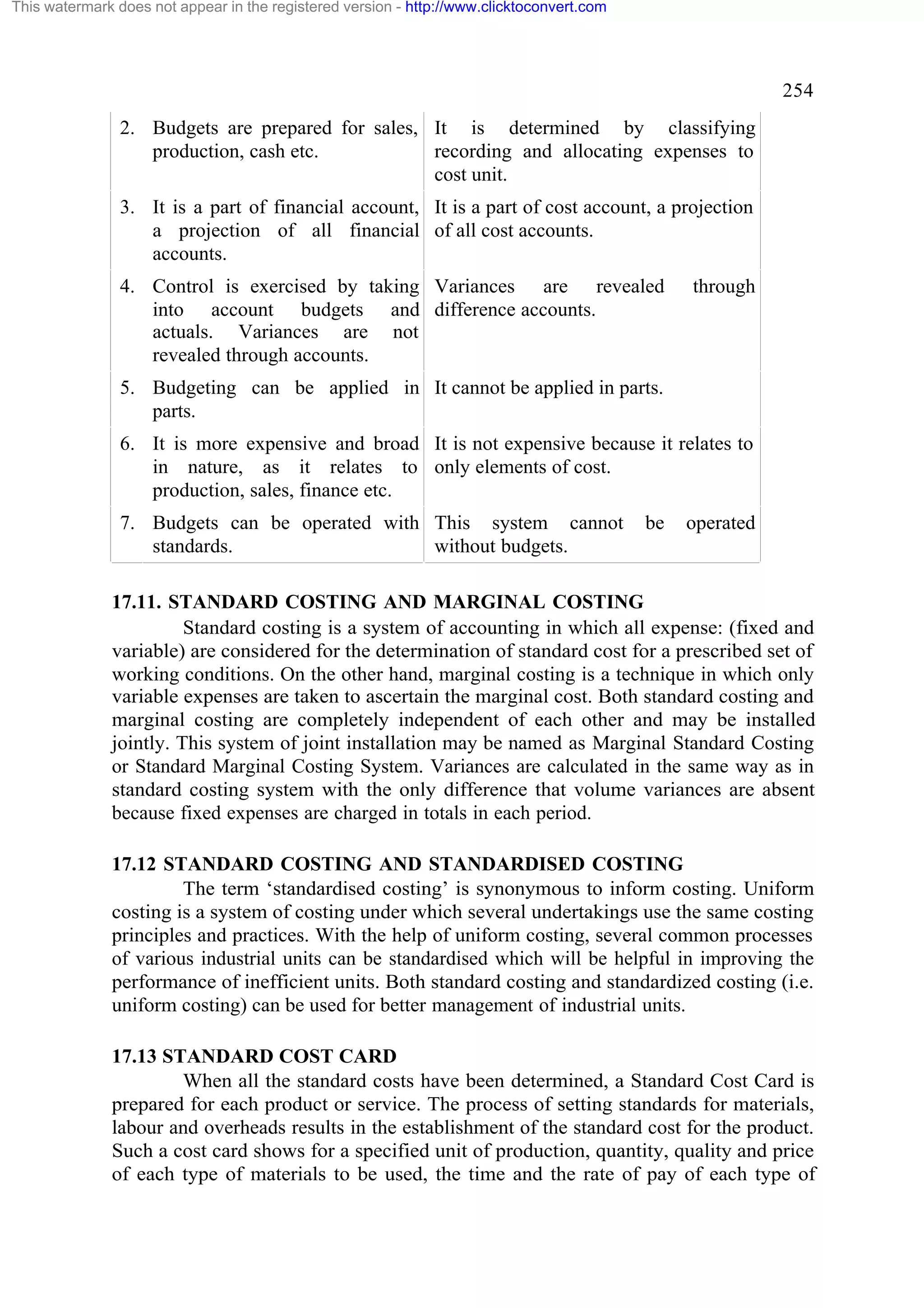 This watermark does not appear in the registered version - http://www.clicktoconvert.com

254
2. Budgets are prepared for sales, It is determined by classifying
production, cash etc.
recording and allocating expenses to
cost unit.
3. It is a part of financial account, It is a part of cost account, a projection
a projection of all financial of all cost accounts.
accounts.
4. Control is exercised by taking Variances are revealed
into account budgets and difference accounts.
actuals. Variances are not
revealed through accounts.

through

5. Budgeting can be applied in It cannot be applied in parts.
parts.
6. It is more expensive and broad It is not expensive because it relates to
in nature, as it relates to only elements of cost.
production, sales, finance etc.
7. Budgets can be operated with This system cannot
standards.
without budgets.

be

operated

17.11. STANDARD COSTING AND MARGINAL COSTING
Standard costing is a system of accounting in which all expense: (fixed and
variable) are considered for the determination of standard cost for a prescribed set of
working conditions. On the other hand, marginal costing is a technique in which only
variable expenses are taken to ascertain the marginal cost. Both standard costing and
marginal costing are completely independent of each other and may be installed
jointly. This system of joint installation may be named as Marginal Standard Costing
or Standard Marginal Costing System. Variances are calculated in the same way as in
standard costing system with the only difference that volume variances are absent
because fixed expenses are charged in totals in each period.
17.12 STANDARD COSTING AND STANDARDISED COSTING
The term ‘standardised costing’ is synonymous to inform costing. Uniform
costing is a system of costing under which several undertakings use the same costing
principles and practices. With the help of uniform costing, several common processes
of various industrial units can be standardised which will be helpful in improving the
performance of inefficient units. Both standard costing and standardized costing (i.e.
uniform costing) can be used for better management of industrial units.
17.13 STANDARD COST CARD
When all the standard costs have been determined, a Standard Cost Card is
prepared for each product or service. The process of setting standards for materials,
labour and overheads results in the establishment of the standard cost for the product.
Such a cost card shows for a specified unit of production, quantity, quality and price
of each type of materials to be used, the time and the rate of pay of each type of

 