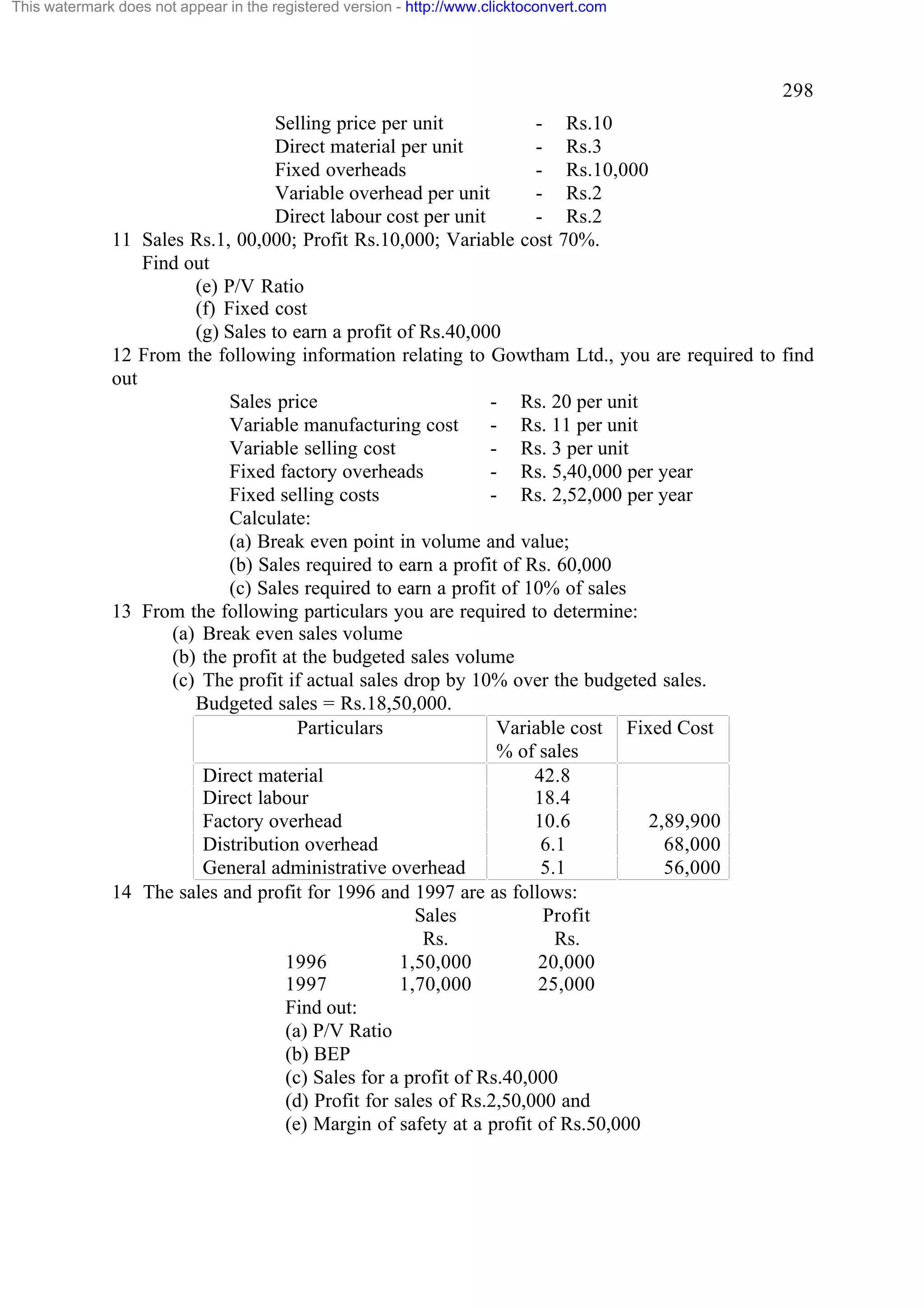This watermark does not appear in the registered version - http://www.clicktoconvert.com

298
Selling price per unit
- Rs.10
Direct material per unit
- Rs.3
Fixed overheads
- Rs.10,000
Variable overhead per unit
- Rs.2
Direct labour cost per unit
- Rs.2
11 Sales Rs.1, 00,000; Profit Rs.10,000; Variable cost 70%.
Find out
(e) P/V Ratio
(f) Fixed cost
(g) Sales to earn a profit of Rs.40,000
12 From the following information relating to Gowtham Ltd., you are required to find
out
Sales price
- Rs. 20 per unit
Variable manufacturing cost
- Rs. 11 per unit
Variable selling cost
- Rs. 3 per unit
Fixed factory overheads
- Rs. 5,40,000 per year
Fixed selling costs
- Rs. 2,52,000 per year
Calculate:
(a) Break even point in volume and value;
(b) Sales required to earn a profit of Rs. 60,000
(c) Sales required to earn a profit of 10% of sales
13 From the following particulars you are required to determine:
(a) Break even sales volume
(b) the profit at the budgeted sales volume
(c) The profit if actual sales drop by 10% over the budgeted sales.
Budgeted sales = Rs.18,50,000.
Particulars
Variable cost Fixed Cost
% of sales
Direct material
42.8
Direct labour
18.4
Factory overhead
10.6
2,89,900
Distribution overhead
6.1
68,000
General administrative overhead
5.1
56,000
14 The sales and profit for 1996 and 1997 are as follows:
Sales
Profit
Rs.
Rs.
1996
1,50,000
20,000
1997
1,70,000
25,000
Find out:
(a) P/V Ratio
(b) BEP
(c) Sales for a profit of Rs.40,000
(d) Profit for sales of Rs.2,50,000 and
(e) Margin of safety at a profit of Rs.50,000

 