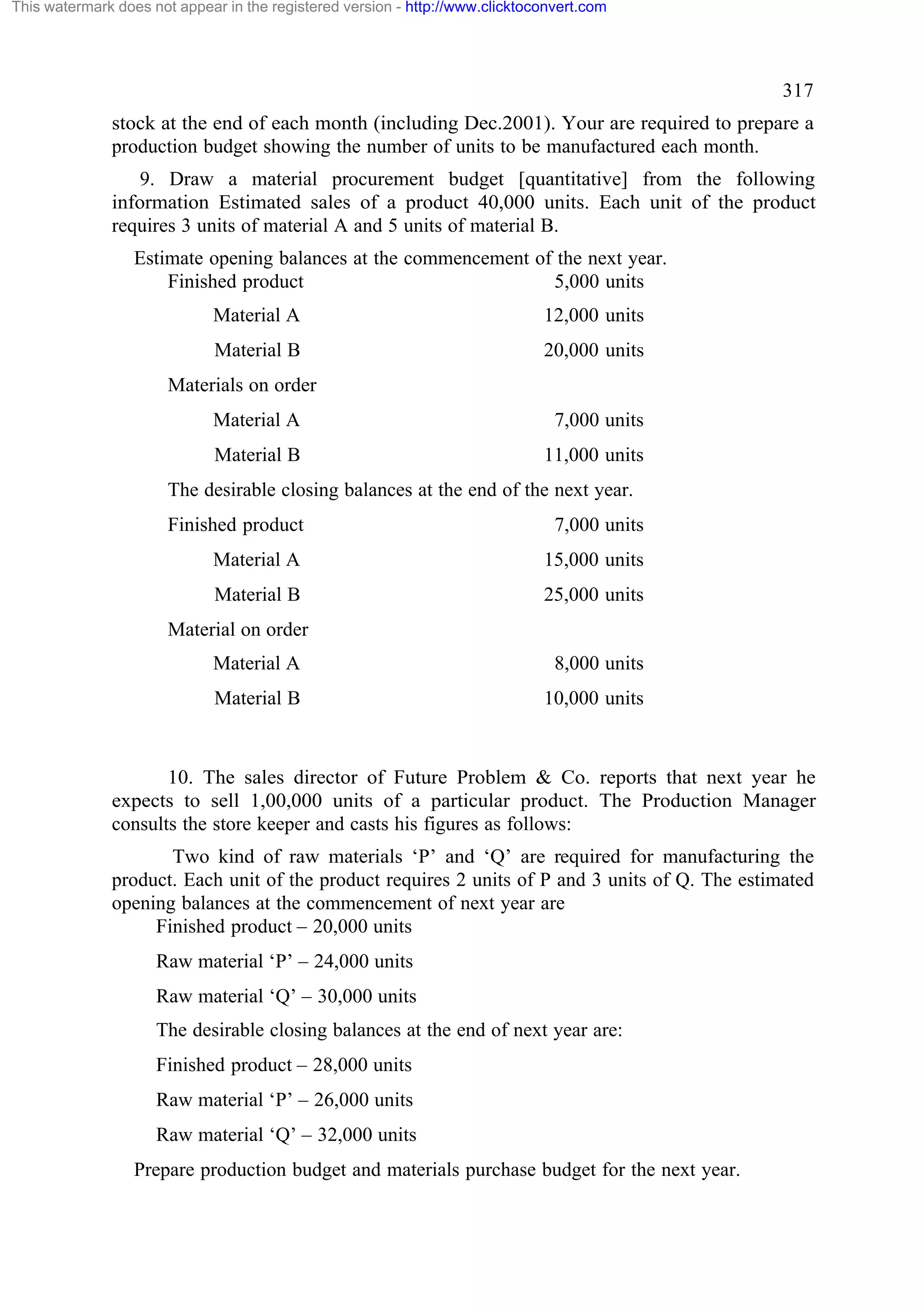 This watermark does not appear in the registered version - http://www.clicktoconvert.com

317
stock at the end of each month (including Dec.2001). Your are required to prepare a
production budget showing the number of units to be manufactured each month.
9. Draw a material procurement budget [quantitative] from the following
information Estimated sales of a product 40,000 units. Each unit of the product
requires 3 units of material A and 5 units of material B.
Estimate opening balances at the commencement of the next year.
Finished product
5,000 units
Material A

12,000 units

Material B

20,000 units

Materials on order
Material A

7,000 units

Material B

11,000 units

The desirable closing balances at the end of the next year.
Finished product

7,000 units

Material A

15,000 units

Material B

25,000 units

Material on order
Material A

8,000 units

Material B

10,000 units

10. The sales director of Future Problem & Co. reports that next year he
expects to sell 1,00,000 units of a particular product. The Production Manager
consults the store keeper and casts his figures as follows:
Two kind of raw materials ‘P’ and ‘Q’ are required for manufacturing the
product. Each unit of the product requires 2 units of P and 3 units of Q. The estimated
opening balances at the commencement of next year are
Finished product – 20,000 units
Raw material ‘P’ – 24,000 units
Raw material ‘Q’ – 30,000 units
The desirable closing balances at the end of next year are:
Finished product – 28,000 units
Raw material ‘P’ – 26,000 units
Raw material ‘Q’ – 32,000 units
Prepare production budget and materials purchase budget for the next year.

 
