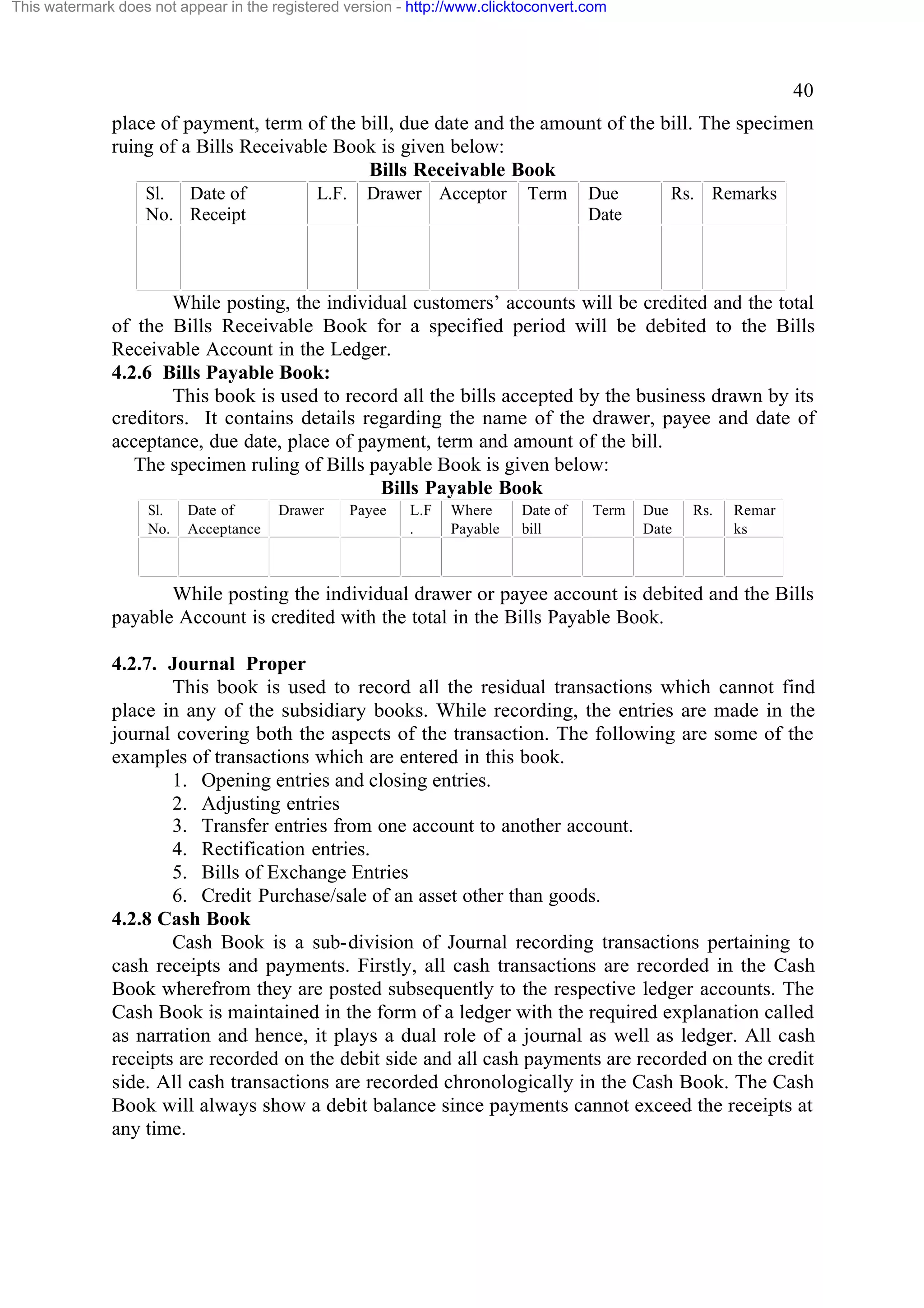 This watermark does not appear in the registered version - http://www.clicktoconvert.com

40
place of payment, term of the bill, due date and the amount of the bill. The specimen
ruing of a Bills Receivable Book is given below:
Bills Receivable Book
Sl. Date of
No. Receipt

L.F.

Drawer Acceptor

Term

Due
Date

Rs. Remarks

While posting, the individual customers’ accounts will be credited and the total
of the Bills Receivable Book for a specified period will be debited to the Bills
Receivable Account in the Ledger.
4.2.6 Bills Payable Book:
This book is used to record all the bills accepted by the business drawn by its
creditors. It contains details regarding the name of the drawer, payee and date of
acceptance, due date, place of payment, term and amount of the bill.
The specimen ruling of Bills payable Book is given below:
Bills Payable Book
Sl.
No.

Date of
Acceptance

Drawer

Payee

L.F
.

Where
Payable

Date of
bill

Term

Due
Date

Rs.

Remar
ks

While posting the individual drawer or payee account is debited and the Bills
payable Account is credited with the total in the Bills Payable Book.
4.2.7. Journal Proper
This book is used to record all the residual transactions which cannot find
place in any of the subsidiary books. While recording, the entries are made in the
journal covering both the aspects of the transaction. The following are some of the
examples of transactions which are entered in this book.
1. Opening entries and closing entries.
2. Adjusting entries
3. Transfer entries from one account to another account.
4. Rectification entries.
5. Bills of Exchange Entries
6. Credit Purchase/sale of an asset other than goods.
4.2.8 Cash Book
Cash Book is a sub-division of Journal recording transactions pertaining to
cash receipts and payments. Firstly, all cash transactions are recorded in the Cash
Book wherefrom they are posted subsequently to the respective ledger accounts. The
Cash Book is maintained in the form of a ledger with the required explanation called
as narration and hence, it plays a dual role of a journal as well as ledger. All cash
receipts are recorded on the debit side and all cash payments are recorded on the credit
side. All cash transactions are recorded chronologically in the Cash Book. The Cash
Book will always show a debit balance since payments cannot exceed the receipts at
any time.

 