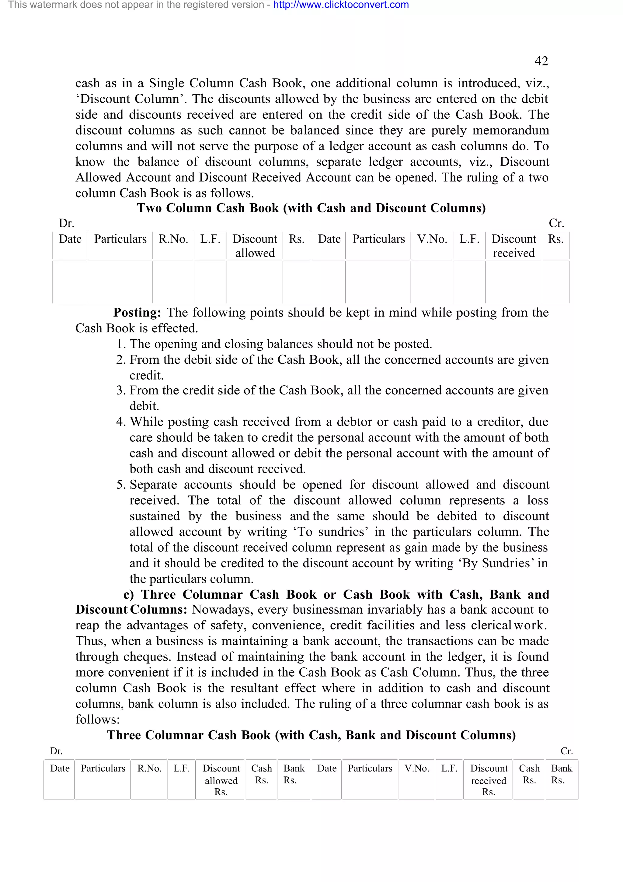 This watermark does not appear in the registered version - http://www.clicktoconvert.com

42
cash as in a Single Column Cash Book, one additional column is introduced, viz.,
‘Discount Column’. The discounts allowed by the business are entered on the debit
side and discounts received are entered on the credit side of the Cash Book. The
discount columns as such cannot be balanced since they are purely memorandum
columns and will not serve the purpose of a ledger account as cash columns do. To
know the balance of discount columns, separate ledger accounts, viz., Discount
Allowed Account and Discount Received Account can be opened. The ruling of a two
column Cash Book is as follows.
Two Column Cash Book (with Cash and Discount Columns)
Dr.
Date

Particulars R.No. L.F. Discount Rs.
allowed

Cr.
Date Particulars V.No. L.F. Discount Rs.
received

Posting: The following points should be kept in mind while posting from the
Cash Book is effected.
1. The opening and closing balances should not be posted.
2. From the debit side of the Cash Book, all the concerned accounts are given
credit.
3. From the credit side of the Cash Book, all the concerned accounts are given
debit.
4. While posting cash received from a debtor or cash paid to a creditor, due
care should be taken to credit the personal account with the amount of both
cash and discount allowed or debit the personal account with the amount of
both cash and discount received.
5. Separate accounts should be opened for discount allowed and discount
received. The total of the discount allowed column represents a loss
sustained by the business and the same should be debited to discount
allowed account by writing ‘To sundries’ in the particulars column. The
total of the discount received column represent as gain made by the business
and it should be credited to the discount account by writing ‘By Sundries’ in
the particulars column.
c) Three Columnar Cash Book or Cash Book with Cash, Bank and
Discount Columns: Nowadays, every businessman invariably has a bank account to
reap the advantages of safety, convenience, credit facilities and less clerical work.
Thus, when a business is maintaining a bank account, the transactions can be made
through cheques. Instead of maintaining the bank account in the ledger, it is found
more convenient if it is included in the Cash Book as Cash Column. Thus, the three
column Cash Book is the resultant effect where in addition to cash and discount
columns, bank column is also included. The ruling of a three columnar cash book is as
follows:
Three Columnar Cash Book (with Cash, Bank and Discount Columns)
Dr.
Date

Cr.
Particulars

R.No.

L.F.

Discount
allowed
Rs.

Cash
Rs.

Bank
Rs.

Date

Particulars

V.No.

L.F.

Discount
received
Rs.

Cash
Rs.

Bank
Rs.

 