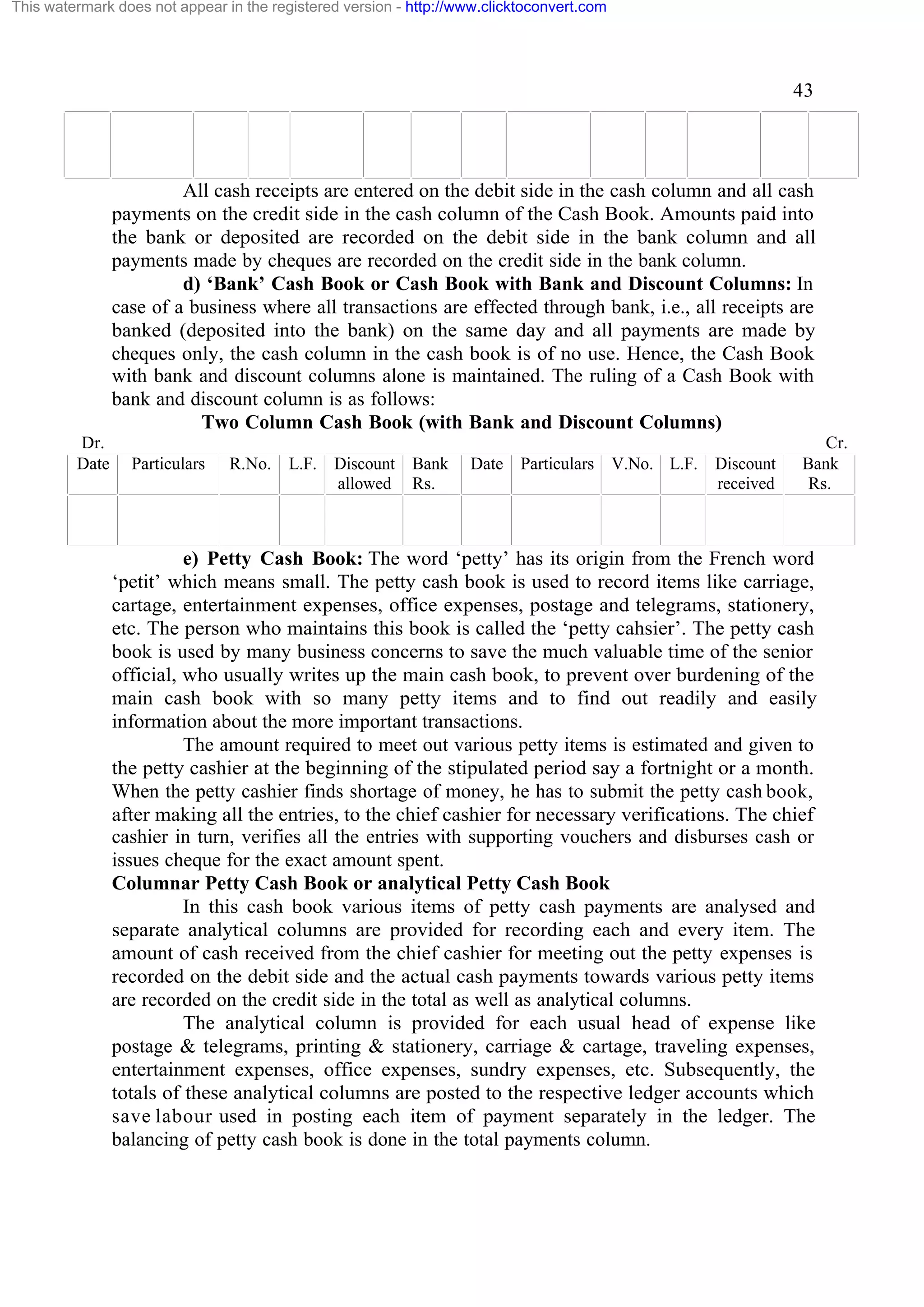 This watermark does not appear in the registered version - http://www.clicktoconvert.com

43

All cash receipts are entered on the debit side in the cash column and all cash
payments on the credit side in the cash column of the Cash Book. Amounts paid into
the bank or deposited are recorded on the debit side in the bank column and all
payments made by cheques are recorded on the credit side in the bank column.
d) ‘Bank’ Cash Book or Cash Book with Bank and Discount Columns: In
case of a business where all transactions are effected through bank, i.e., all receipts are
banked (deposited into the bank) on the same day and all payments are made by
cheques only, the cash column in the cash book is of no use. Hence, the Cash Book
with bank and discount columns alone is maintained. The ruling of a Cash Book with
bank and discount column is as follows:
Two Column Cash Book (with Bank and Discount Columns)
Dr.
Date

Particulars

R.No.

L.F. Discount
allowed

Bank
Rs.

Date Particulars V.No. L.F. Discount
received

Cr.
Bank
Rs.

e) Petty Cash Book: The word ‘petty’ has its origin from the French word
‘petit’ which means small. The petty cash book is used to record items like carriage,
cartage, entertainment expenses, office expenses, postage and telegrams, stationery,
etc. The person who maintains this book is called the ‘petty cahsier’. The petty cash
book is used by many business concerns to save the much valuable time of the senior
official, who usually writes up the main cash book, to prevent over burdening of the
main cash book with so many petty items and to find out readily and easily
information about the more important transactions.
The amount required to meet out various petty items is estimated and given to
the petty cashier at the beginning of the stipulated period say a fortnight or a month.
When the petty cashier finds shortage of money, he has to submit the petty cash book,
after making all the entries, to the chief cashier for necessary verifications. The chief
cashier in turn, verifies all the entries with supporting vouchers and disburses cash or
issues cheque for the exact amount spent.
Columnar Petty Cash Book or analytical Petty Cash Book
In this cash book various items of petty cash payments are analysed and
separate analytical columns are provided for recording each and every item. The
amount of cash received from the chief cashier for meeting out the petty expenses is
recorded on the debit side and the actual cash payments towards various petty items
are recorded on the credit side in the total as well as analytical columns.
The analytical column is provided for each usual head of expense like
postage & telegrams, printing & stationery, carriage & cartage, traveling expenses,
entertainment expenses, office expenses, sundry expenses, etc. Subsequently, the
totals of these analytical columns are posted to the respective ledger accounts which
save labour used in posting each item of payment separately in the ledger. The
balancing of petty cash book is done in the total payments column.

 