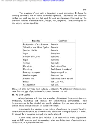 This watermark does not appear in the registered version - http://www.clicktoconvert.com

146
The selection of cost unit is important in cost accounting. It should be
carefully selected to suit the nature of business operation. The selected unit should be
neither too small nor too big, but ideal for cost ascertainment. Cost unit may be
expressed in terms of number (units), weight, area, length etc. The following are the
cost units in various industries.

Industry

Cost Unit

Refrigerators, Cars, Scooters
Television sets, Motor Cycles
Watches, Radios
Sugar

Per unit
Per unit
Per unit
Per quintal

Cement, Steel, Coal
Paper
Textiles

Per tonne
Per tonne
Per metre

Chemicals
Electricity
Passenger transport
Goods transport

Per kg/tonne/litre
Per kilowatt hour (kwh.)
Per passenger k.m.
Per tonne k.m.

Ceramic tiles
Bricks
Road contract

Per square foot or per unit
Per 1,000 Nos.
Per. k.m.

Thus, cost units may vary from industry to industry. An enterprise which produces
more than one type of product may have more than one cost unit.
10.10.2 Cost Centre
A large business is divided into a number of functional departments (such as
production, marketing and finance) for administrative convenience. These
departments are further divided into smaller divisions for cost ascertainment and
control. These smaller divisions are called cost centers.
A cost centre is a location, person or item of equipment (or group of these) in
relation to which cost can be ascertained and controlled. In simple words, it is a subdivision of the organization to which cost can be charged.
A cost centre can be: (a) a location i.e. an area such as works department,
store yard (b) a person such as supervisor, sales man (c) an item of equipment e.g.
delivery van, or a particular machine.

 