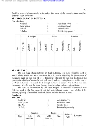 This watermark does not appear in the registered version - http://www.clicktoconvert.com

207
Besides, a store ledger contain information like name of the material, code number,
different stock levels etc.
15.2 STORE LEDGER SPECIMEN
Store Ledger
Material
:
Maximum level
:
Description
:
Minimum level
:
Bin No.
:
Reorder level
:
Sl.Folio
:
Reordering quantity :

Amount (Rs.)

Rate

Quantity

Balance
Amount (Rs.)

Rate

Quantity

M.R.No.

Amount (Rs.)

Issues

Rate

Quantity

G.R.N. No.

Date

Receipts

15.3 BIN CARD
Bin is a place where materials are kept in. It may be a rack, container, shelf or
space where stores are kept. Bin card is a document showing the particulars of
materials kept in the bin. It is a document attached to the bin disclosing the
quantitative details of materials received, issued and the closing balance. A bin card is
used for each item of material. Each receipt and issue is recorded on the bin card in a
chronological order and the latest balance is shown after each receipt and issue.
Bin card is maintained by the store keeper. It indicates information like
different stock levels. No, name of material, material code number, stores ledger folio
number, quantity of materials received, issued and the balance in hand.
Specimen
Bin Card
Material
:
Maximum level
:
Description
:
Minimum level
:
Bin No.
:
Reorder level
:
Sl.Folio
:
Reordering quantity :
Receipts
Date

G.R.
Note No.

Qty.

Issues
M.R.
Note No.

Qty.

Balance
Qty.

Remarks

 