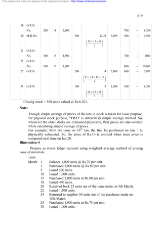 This watermark does not appear in the registered version - http://www.clicktoconvert.com

219
18

G.R.N.
No.

20

200

14

2,800

M.R.No.

700
300

12.33

3,699

-

8.200

400

-

4,501

æ 12 + 11 + 14 ö
ç
÷
3
è
ø

22

G.R.N.
No.

25

15

4,500

700

-

9001

100

16

1,600

800

-

10,601

2,800

600

-

7,801

1,500

500

-

6,301

G.R.N.
No.

27

300

G.R.N.

200

14
æ 11 + 14 + 15 + 16 ö
ç
÷
4
è
ø

31

G.R.N.

100

15
æ 14 + 15 + 16 ö
ç
÷
3
è
ø

Closing stock = 500 units valued at Rs.6,301.
Note:
Though simple average of prices of the lots in stock is taken for issue purpose,
for physical stock purpose, “FIFO’ is inherent in simple average method. So,
whenever the older stocks are exhausted physically, their prices are also omitted
while calculating simple average of prices.
For example: With the issue on 16th Jan, the first lot purchased on Jan. 1 is
physically exhausted. So, the price of Rs.10 is omitted when issue price is
computed next time on Jan.20.
Illustration-4
Prepare as stores ledger account using weighted average method of pricing
issue of materials.
1999
March 1
3
5
10
15
18
20
22
24
25
30

Balance 1,000 units @ Rs.70 per unit.
Purchased 2,000 units @ Rs.80 per unit.
Issued 500 units.
Issued 1,000 units.
Purchased 2,000 units at Rs.80 per unit.
Issued 400 units.
Received back 25 units out of the issue made on 5th March.
Issued 1,500 units.
Returned to supplier 30 units out of the purchases made on
15th March.
Purchased 1,000 units at Rs.75 per unit.
Issued 1,000 units.

 