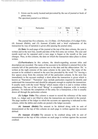 This watermark does not appear in the registered version - http://www.clicktoconvert.com

24
3. Errors can be easily located and prevented by the use of journal or book of
prime entry.
The specimen journal is as follows:

Date

Particulars

L.F.

1

2

3

Debit
Rs.
4
-

Credit
Rs.
5
-

The journal has five columns, viz. (1) Date; (2) Particulars; (3) Ledger Folio;
(4) Amount (Debit); and (5) Amount (Credit) and a brief explanation of the
transaction by way of narration is given after passing the journal entry.
(1) Date: In each page of the journal at the top of the date column, the year is
written and in the next line, month and date of the first entry are written. The year and
month need not be repeated until a new page is begun or the month or the year
changes. Thus, in this column, the date on which the transaction takes place is alone
written.
(2) Particulars: In this column, the details regarding account titles and
description are recorded. The name of the account to be debited is entered first at the
extreme left of the particulars column next to the date and the abbreviation ‘Dr.’ is
written at the right extreme of the same column in the same line. The name of the
account to be credited is entered in the next line preceded by the word “To” leaving a
few spaces away from the extreme left of the particulars column. In the next line
immediately to the account credited, a short about the transaction is given which is
known as “Narration”. “Narration” may include particulars required to identify and
understand the transaction and should be adequate enough to explain the transaction.
It usually starts with the word “Being” which means what it is and is written within
parentheses. The use of the word “Being” is completely dispense with, in modern
parlance. To indicate the completion of the entry for a transaction, a line is usually
drawn all through the particulars column.
(3) Ledger Folio: This column is meant to record the reference of the main
book, i.e., ledger and is not filled in when the transactions are recorded in the journal.
The page number of the ledger in which the accounts are appearing is indicated in this
column, while the debits and credits are posted o the ledger accounts.
(4) Amount (Debit): The amount to be debited along with its unit of
measurement at the top of this column on each page is written against the account
debited.
(5) Amount (Credit): The amount to be credited along with its unit of
measurement at the top of this column on each page is written against the account
credited.

 