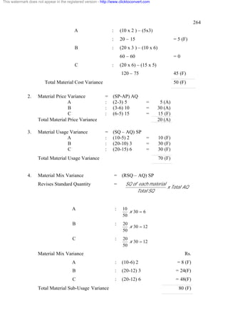 This watermark does not appear in the registered version - http://www.clicktoconvert.com

264
A

:
:

20 – 15

:

B

(10 x 2 ) – (5x3)

(20 x 3 ) – (10 x 6)

= 5 (F)

60 – 60
C

:

=0

(20 x 6) – (15 x 5)
120 – 75

45 (F)

Total Material Cost Variance
2.

3.

50 (F)

Material Price Variance
A
B
C
Total Material Price Variance

=
:
:
:

(SP-AP) AQ
(2-3) 5
(3-6) 10
(6-5) 15

=
=
=

5 (A)
30 (A)
15 (F)
20 (A)

Material Usage Variance
A
B
C

=
:
:
:

(SQ – AQ) SP
(10-5) 2
(20-10) 3
(20-15) 6

=
=
=

10 (F)
30 (F)
30 (F)

Total Material Usage Variance

4.

70 (F)

Material Mix Variance

=

Revises Standard Quantity

=

(RSQ – AQ) SP
SQ of each material
x Total AQ
Total SQ

A

:

10
x 30 = 6
50

B

:

20
x 30 = 12
50

C

:

20
x 30 = 12
50

Material Mix Variance

Rs.

A

:

(10-6) 2

= 8 (F)

B

:

(20-12) 3

= 24(F)

C

:

(20-12) 6

= 48(F)

Total Material Sub-Usage Variance

80 (F)

 